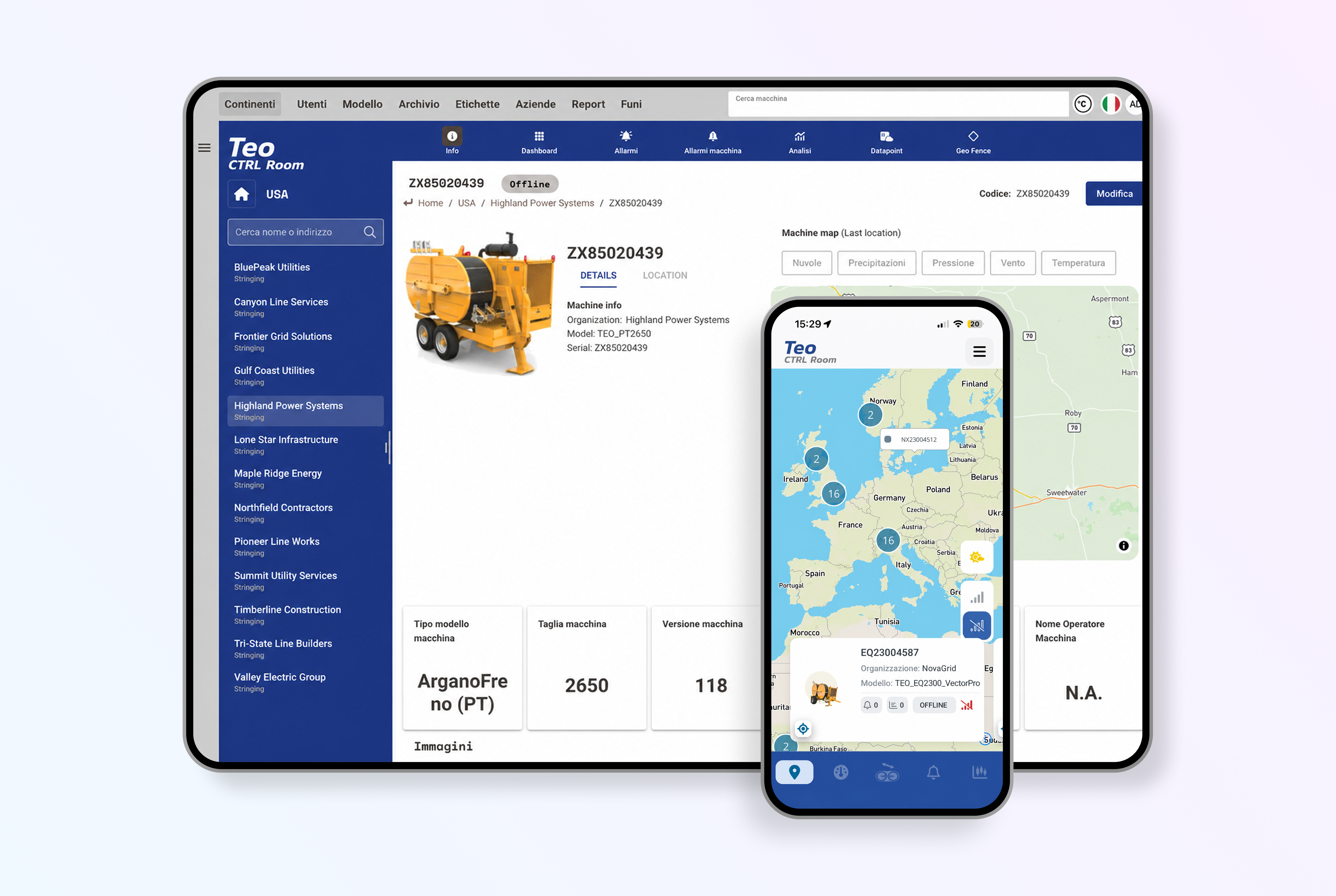 Mockup della piattaforma TEO con dettaglio di una macchina industriale, informazioni tecniche, posizione su mappa e corrispondente schermata mobile per il monitoraggio sul campo.