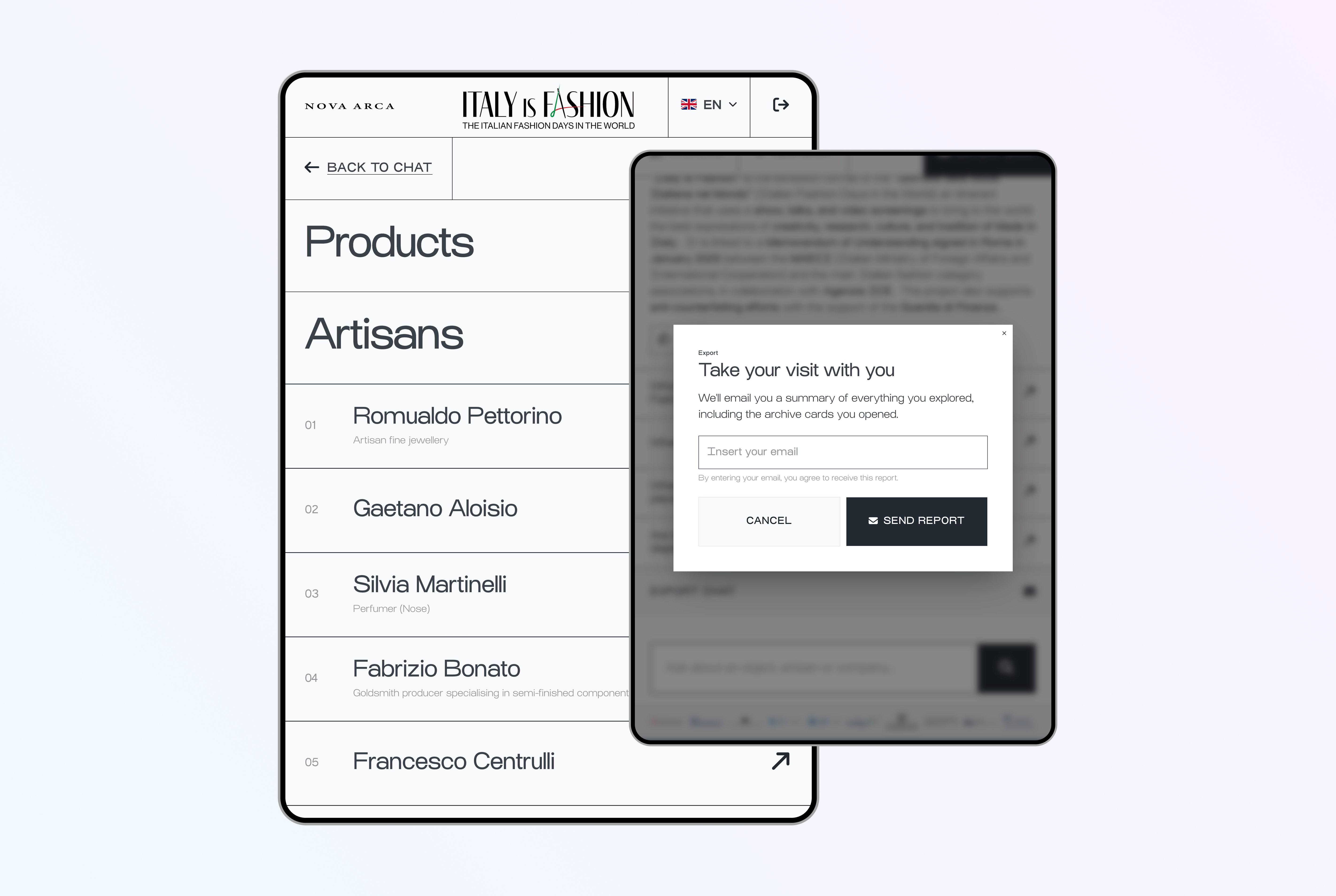 Archivio digitale consultabile per prodotti e artigiani con funzione di esportazione della visita tramite report inviato via email.