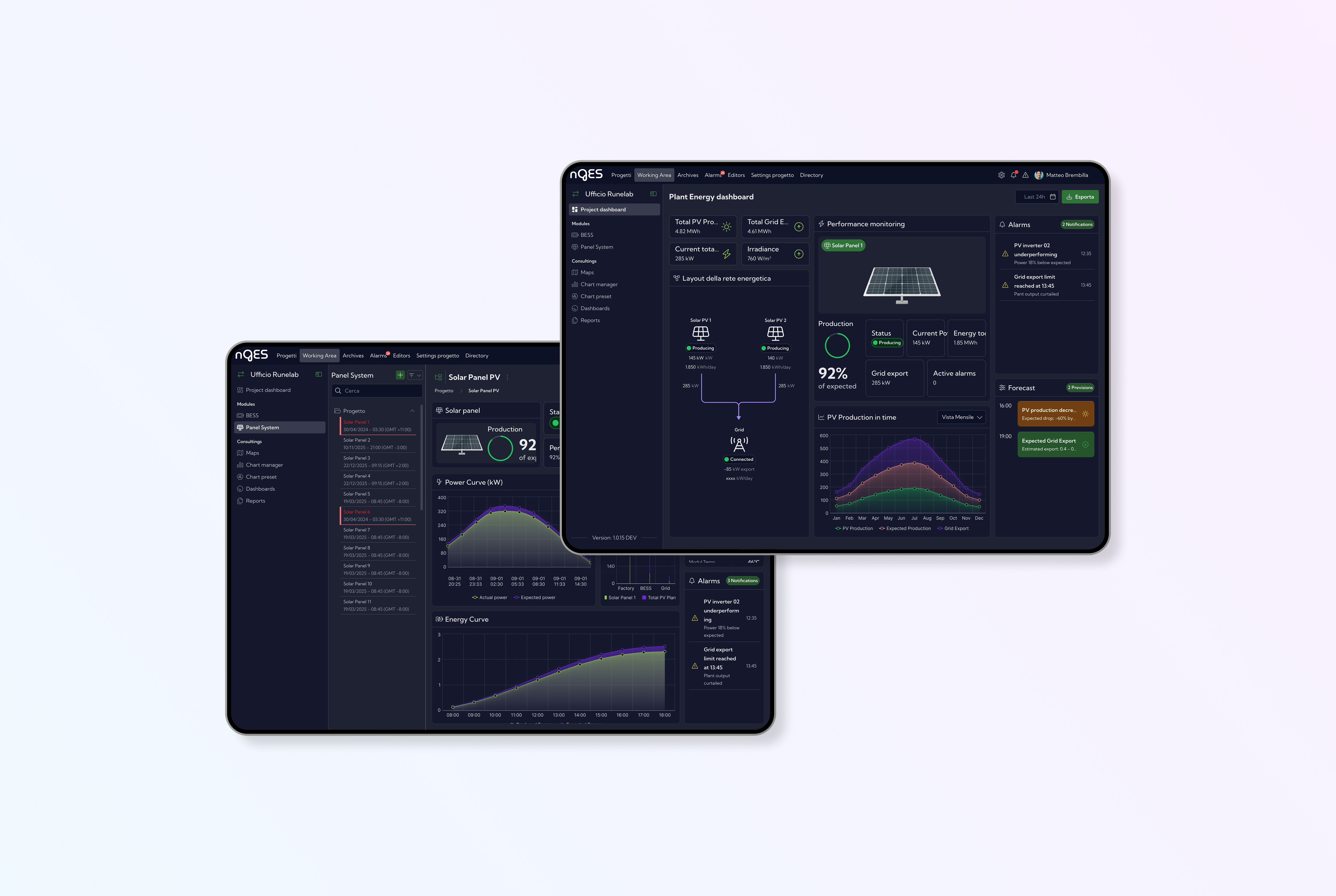 Confronto tra due mockup dedicati all'analisi energetica, con monitoraggio delle celle batteria e dashboard per l'ottimizzazione del trading dell'energia.