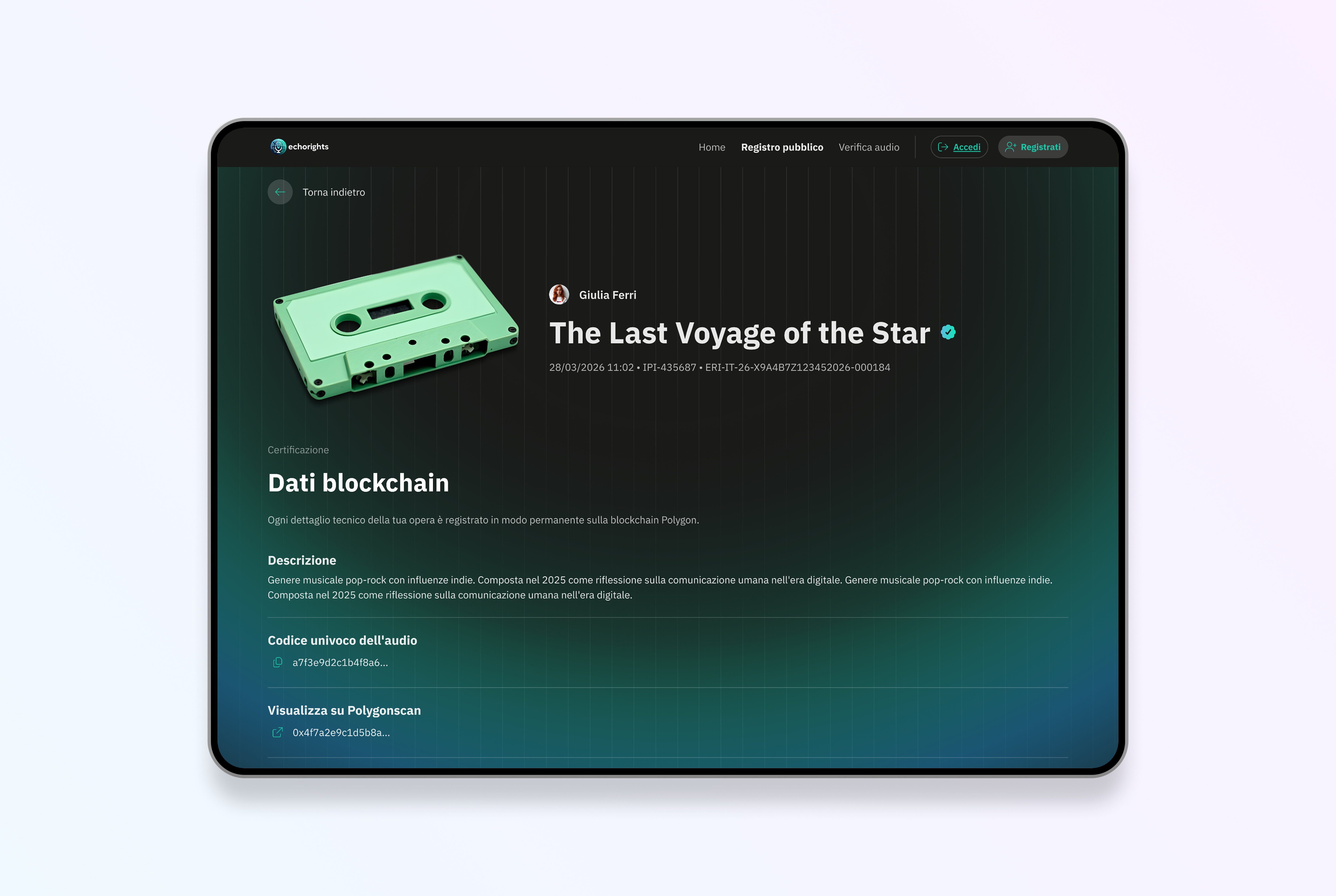 Pagina pubblica di certificazione che mostra i metadati di un'opera audio registrata sulla blockchain e verificabile online.