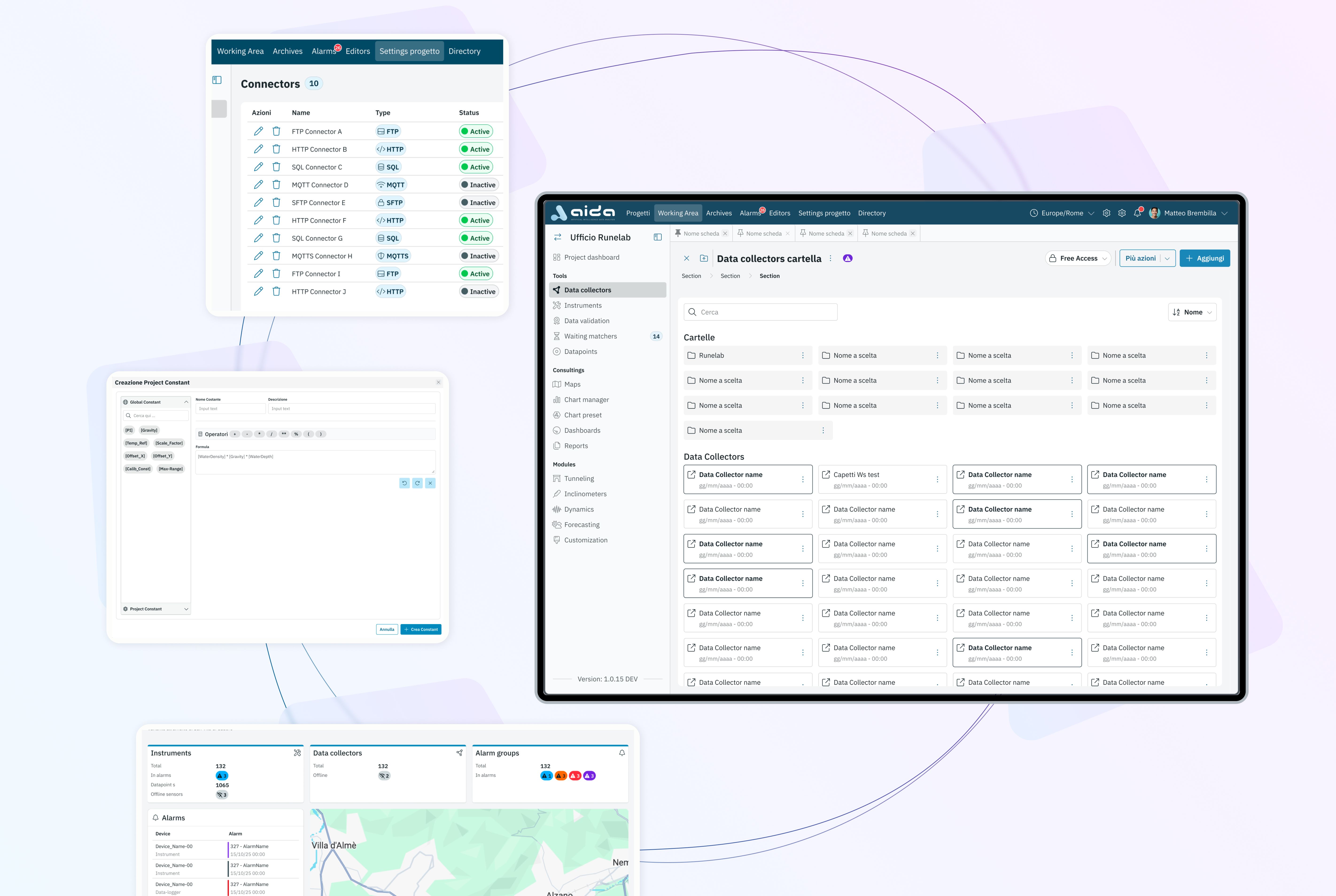 Composizione di mockup dell'ambiente di gestione dei data collector, con organizzazione in cartelle, configurazione dei connettori e panoramica del progetto.