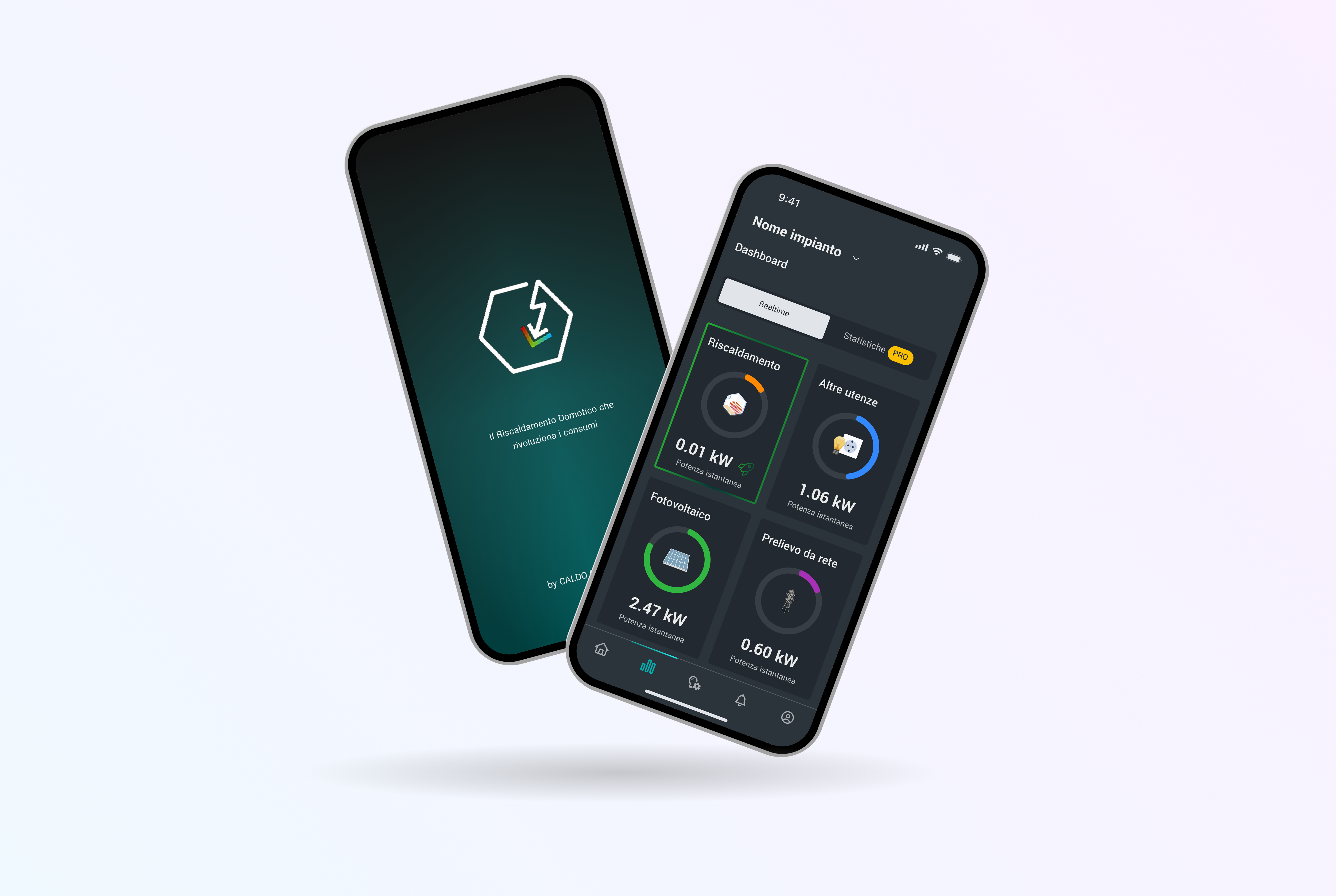 Dashboard dell'app CaldoSystem per il monitoraggio dell'impianto domestico con consumi in tempo reale di riscaldamento, fotovoltaico, rete elettrica e altre utenze.