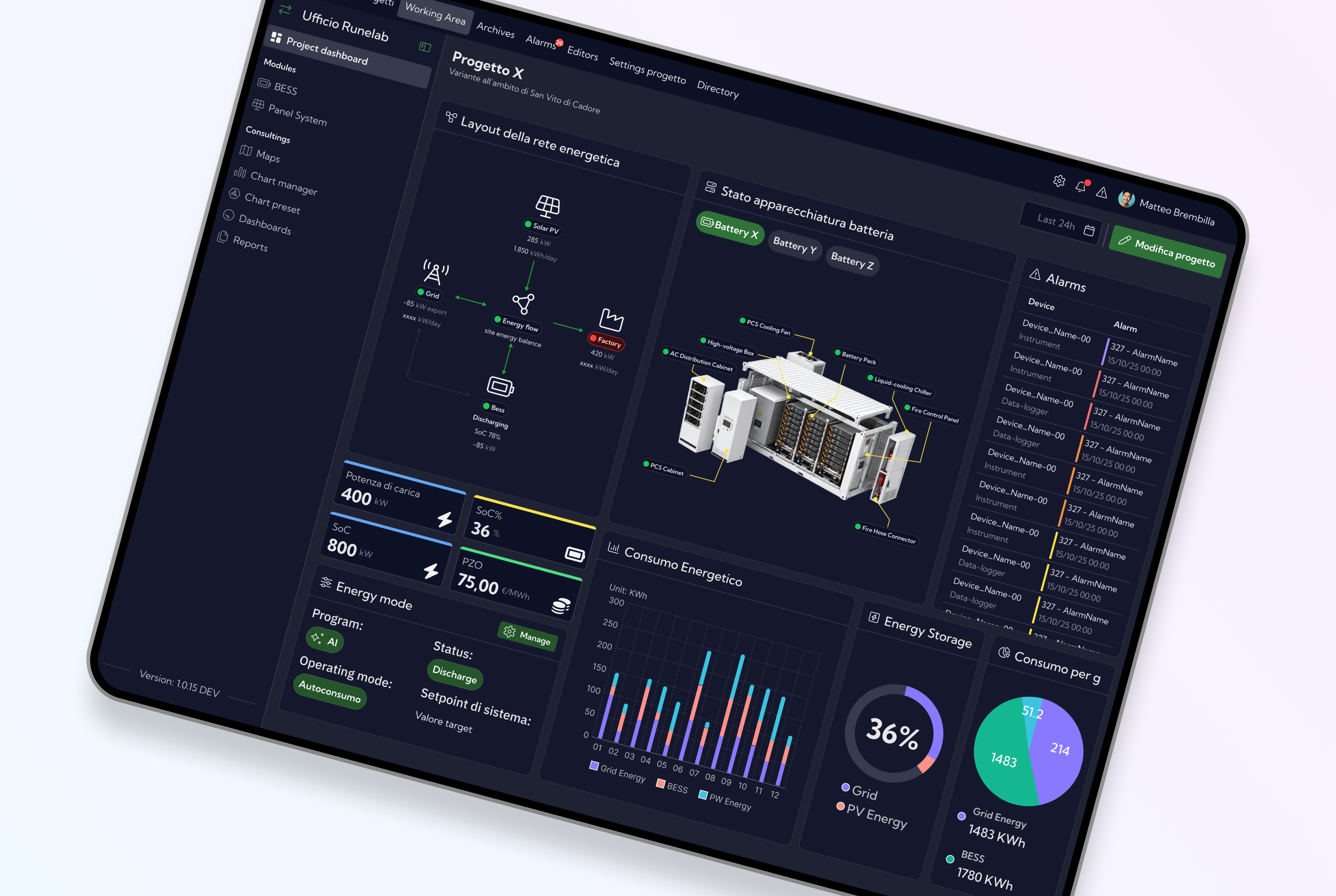 Mockup della dashboard principale dedicata al monitoraggio di un impianto energetico, con flussi di energia, stato delle batterie, consumi e allarmi.