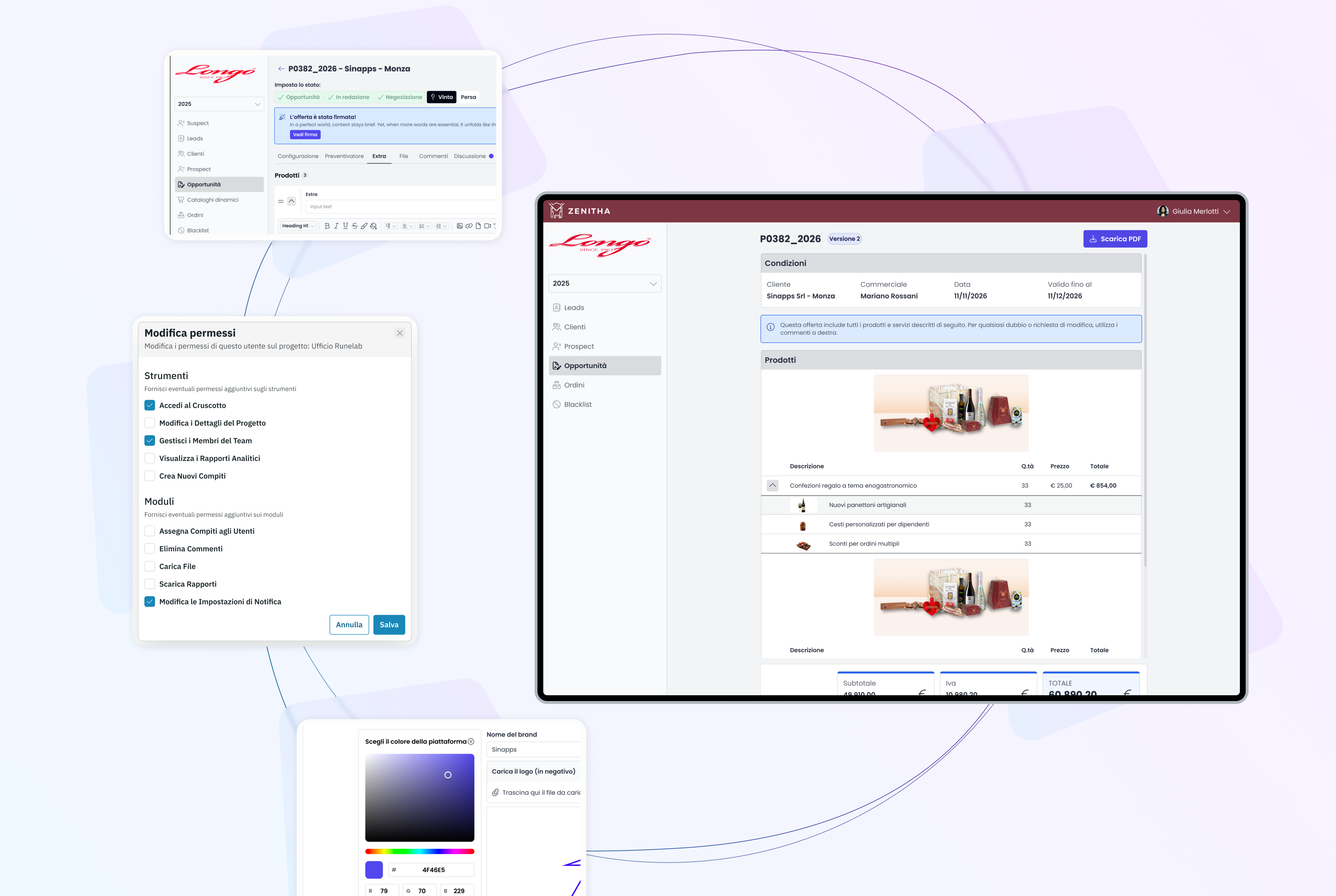 Composizione di mockup che mostra la configurazione dell'offerta commerciale e la relativa anteprima PDF personalizzata.