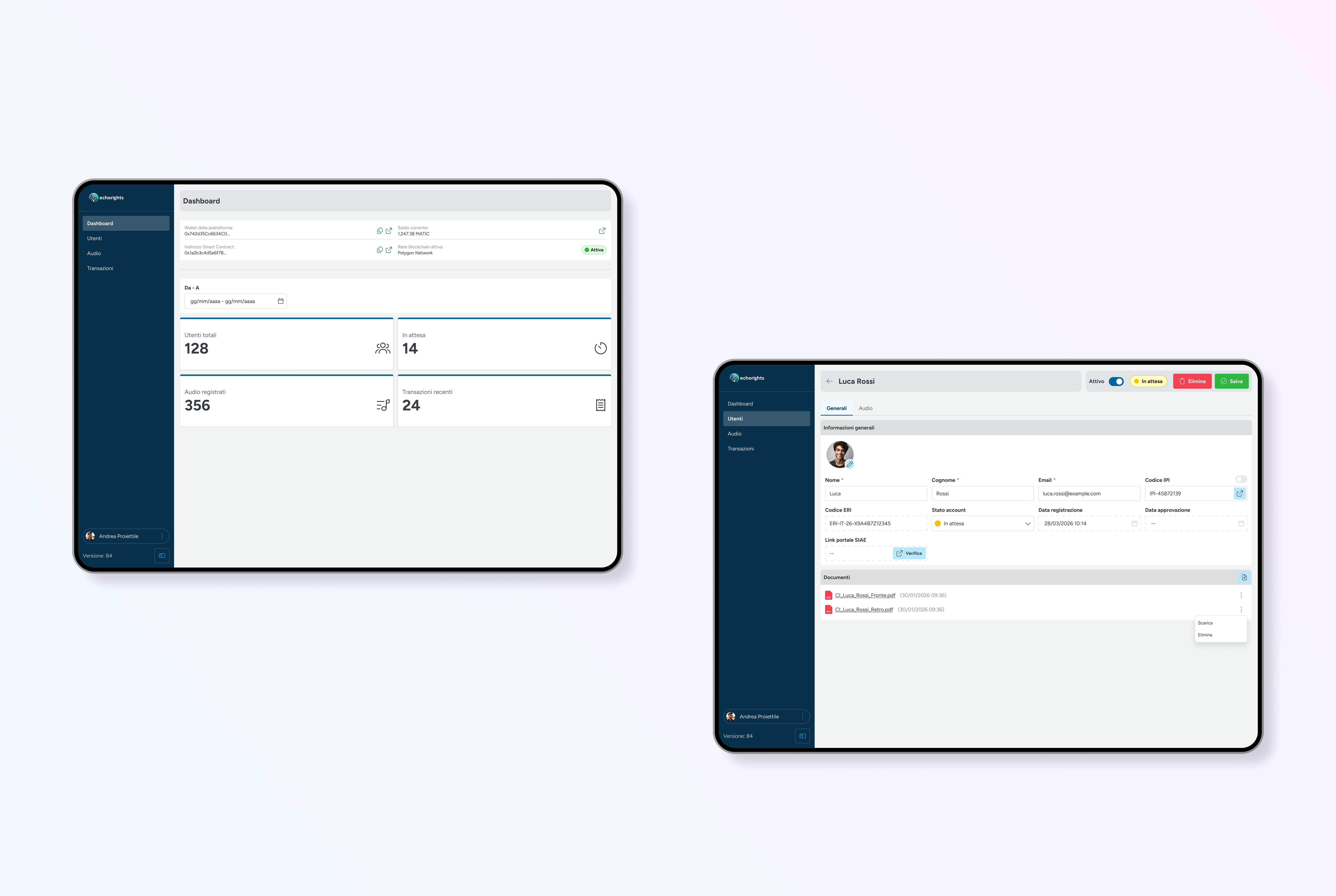 Dashboard amministrativa di Echorights per la gestione degli utenti, delle registrazioni audio e delle certificazioni.