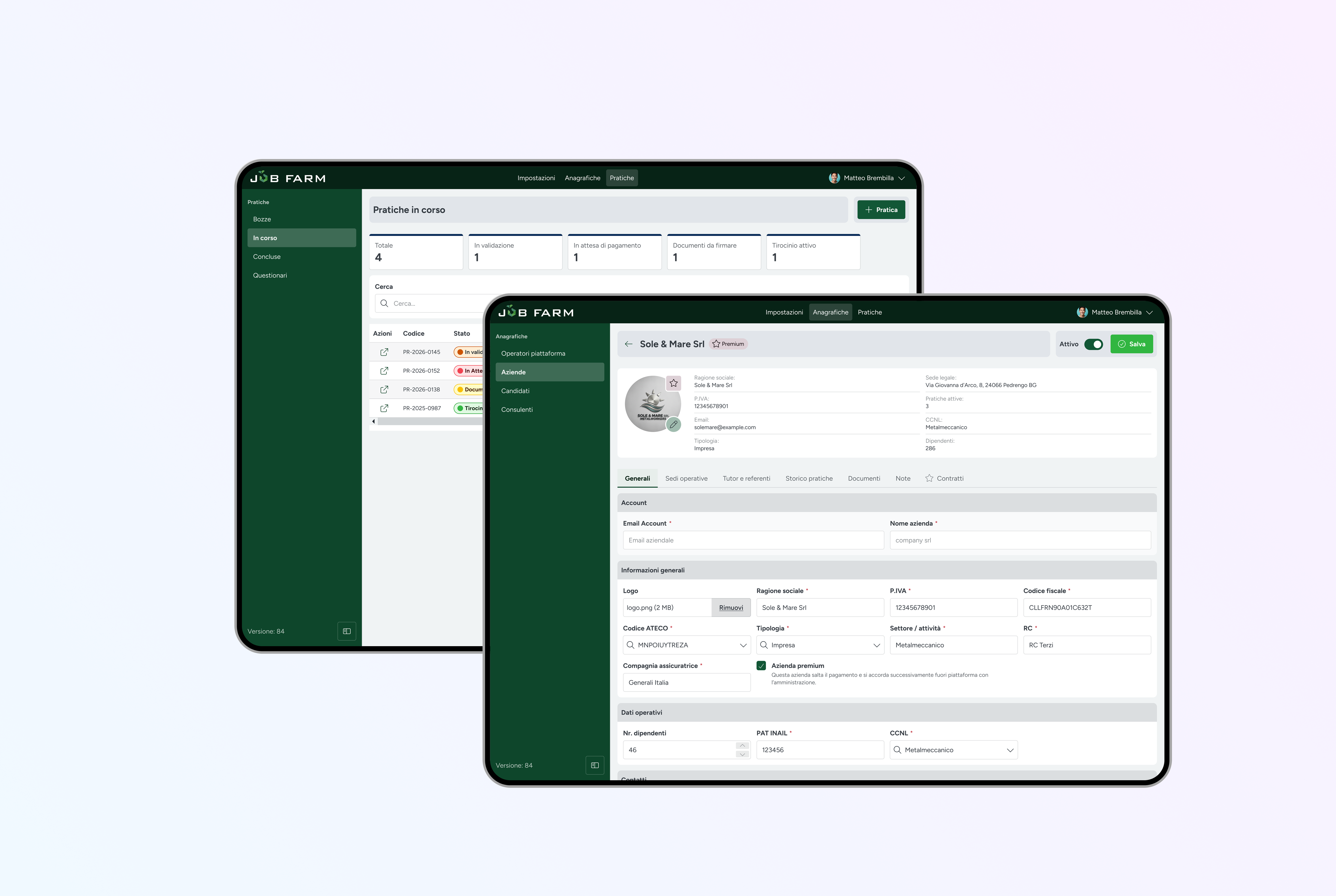 Composizione di mockup dedicata alla gestione delle aziende, con dashboard delle pratiche in corso e scheda anagrafica completa dell'azienda.