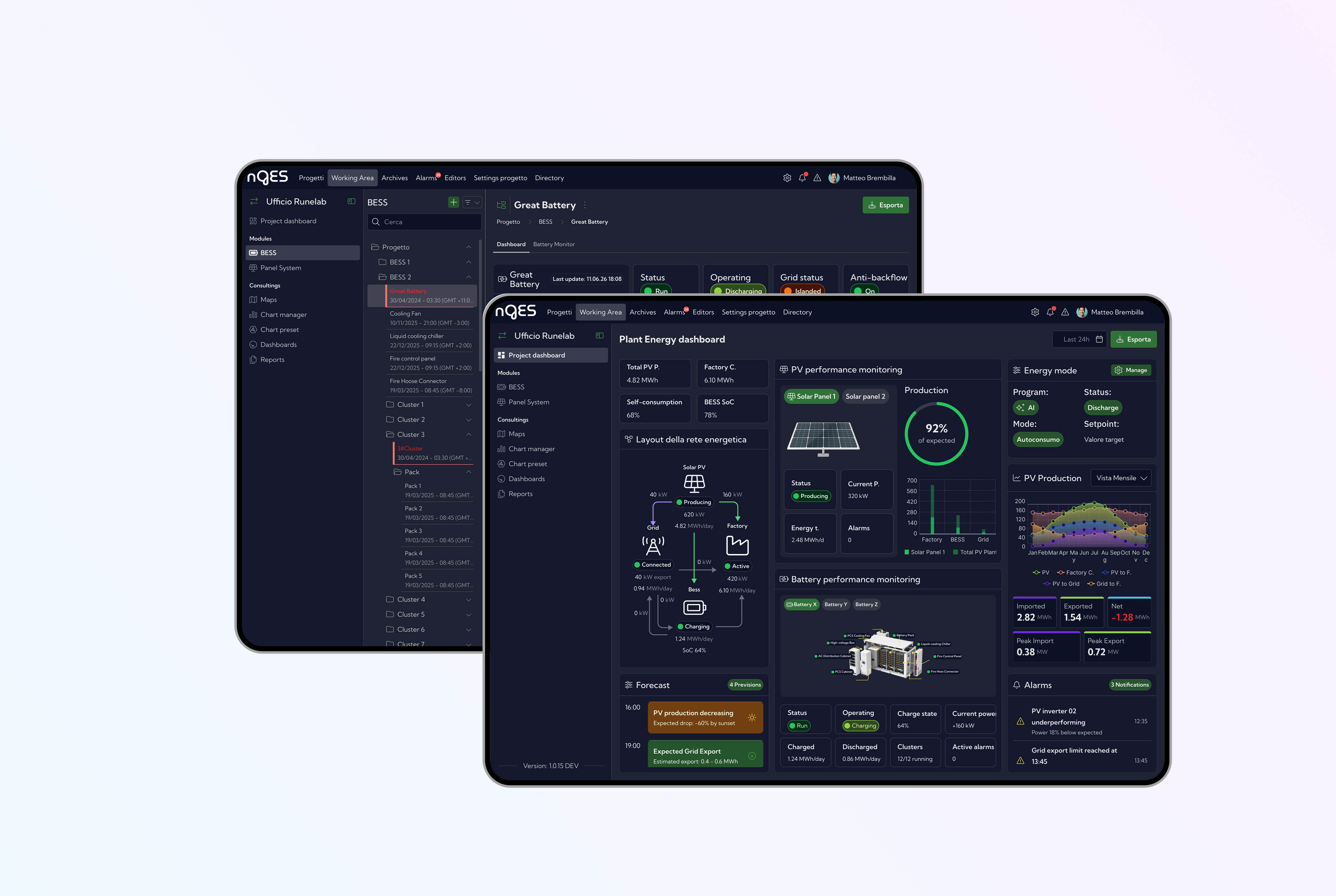 Confronto tra due mockup dedicati al monitoraggio operativo, con dashboard dell'impianto energetico e analisi dettagliata dei sistemi di accumulo.