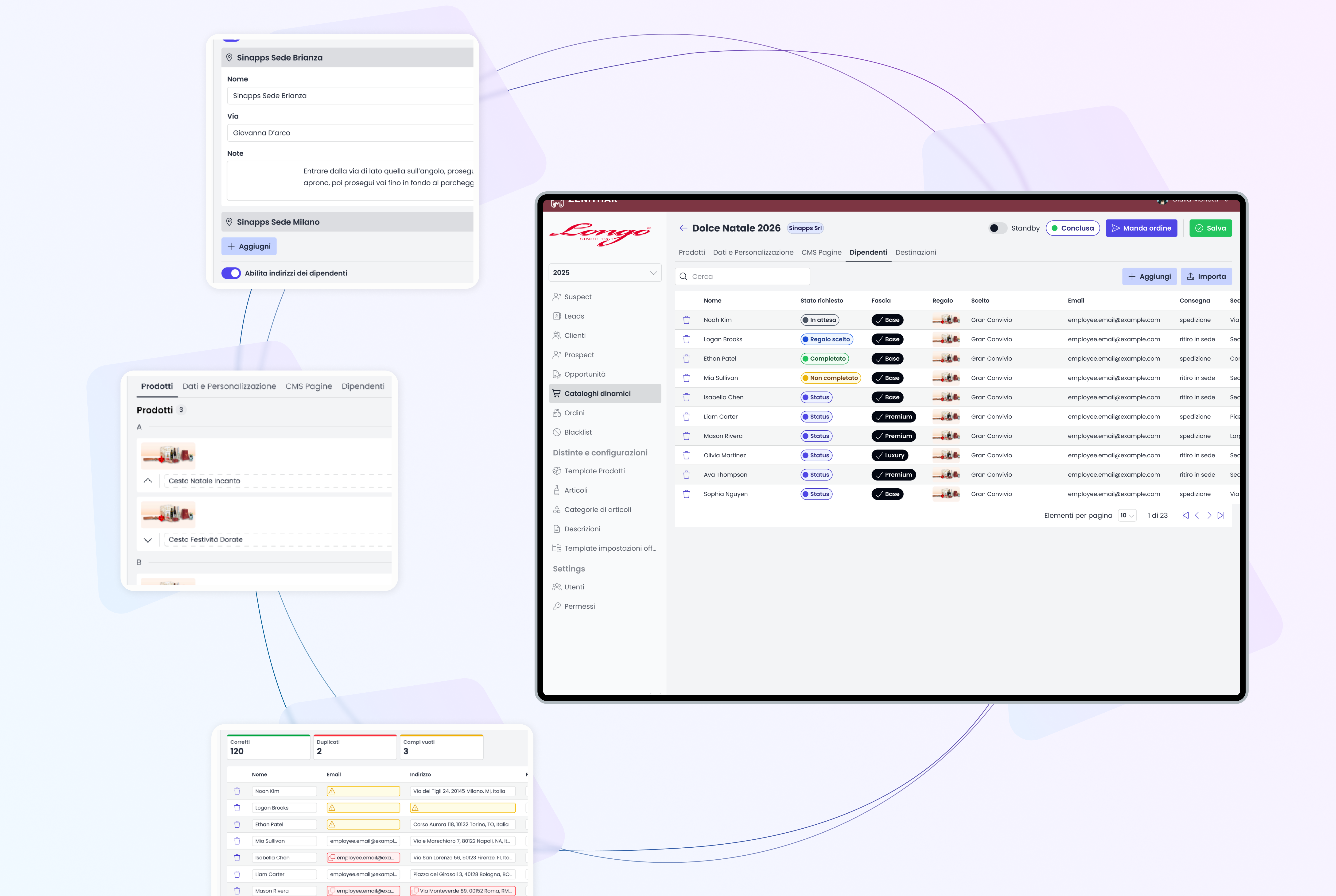 Composizione di mockup del portale per la gestione delle campagne regalo aziendali, con amministrazione dei dipendenti, indirizzi di consegna e controllo della qualità dei dati.