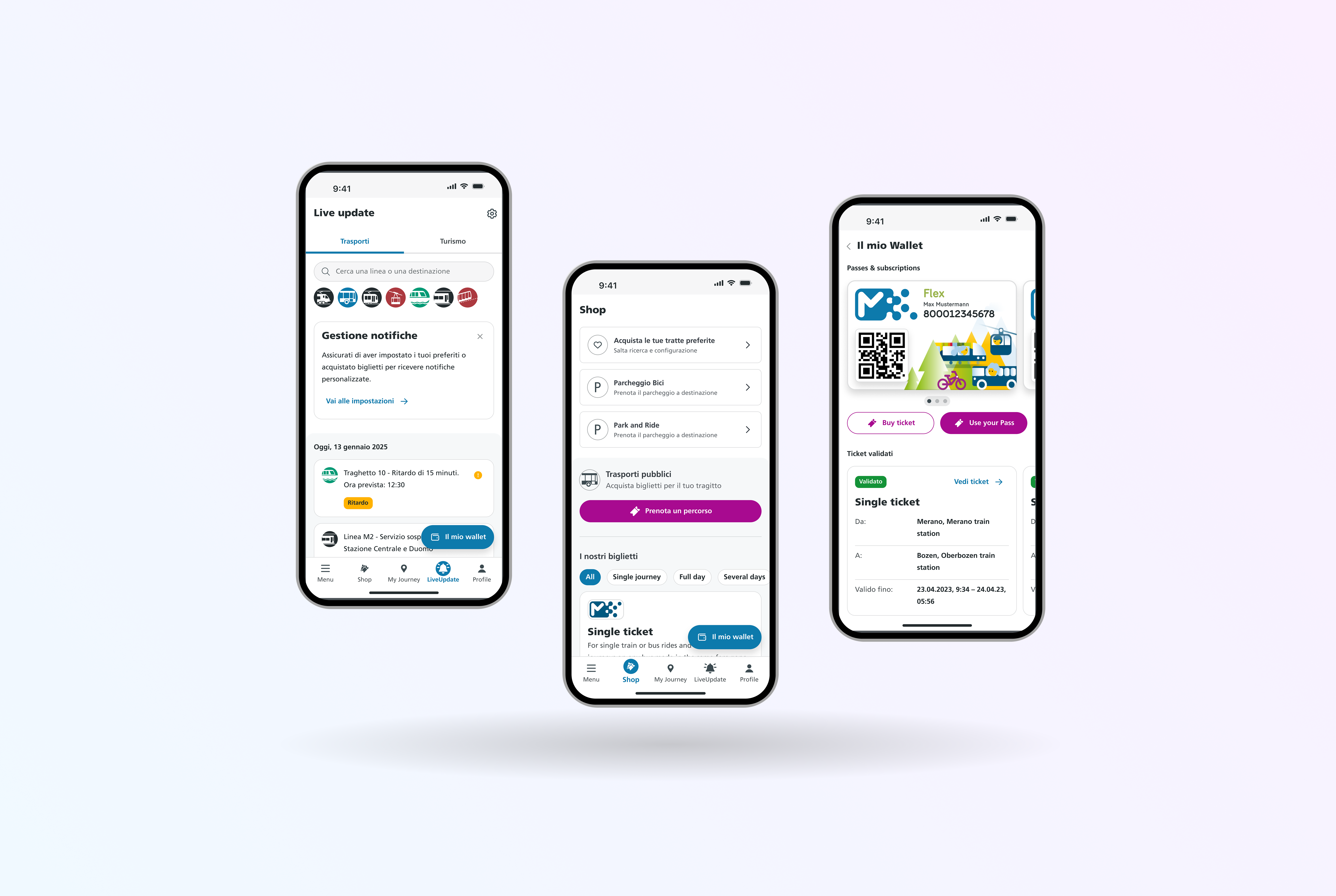 Interfacce dedicate agli aggiornamenti di viaggio, all'acquisto dei servizi e alla gestione del wallet digitale per i trasporti.