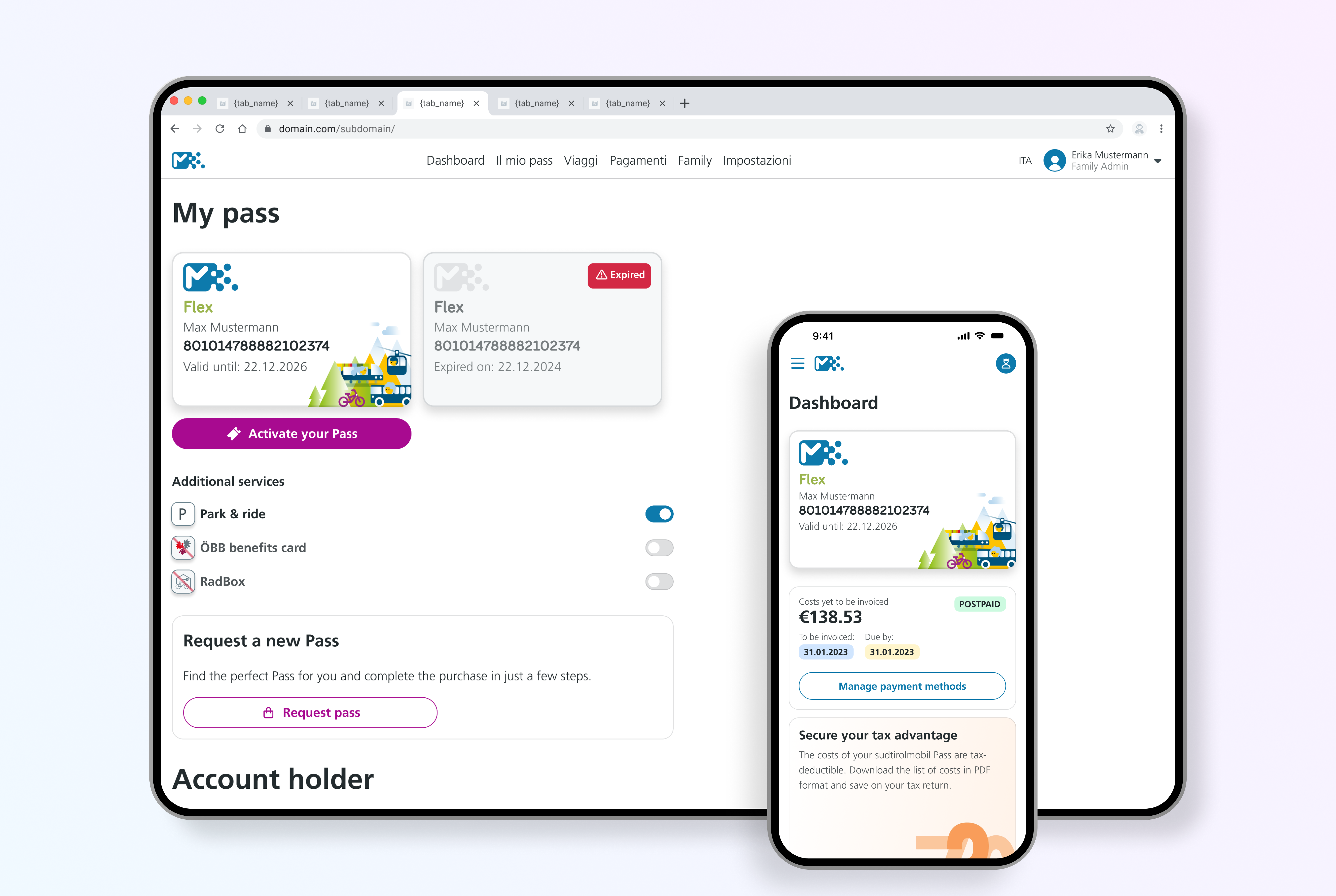 Interfacce web e mobile di STA SüdtirolMobil per la gestione degli abbonamenti, dei pass di viaggio e dei servizi di mobilità.