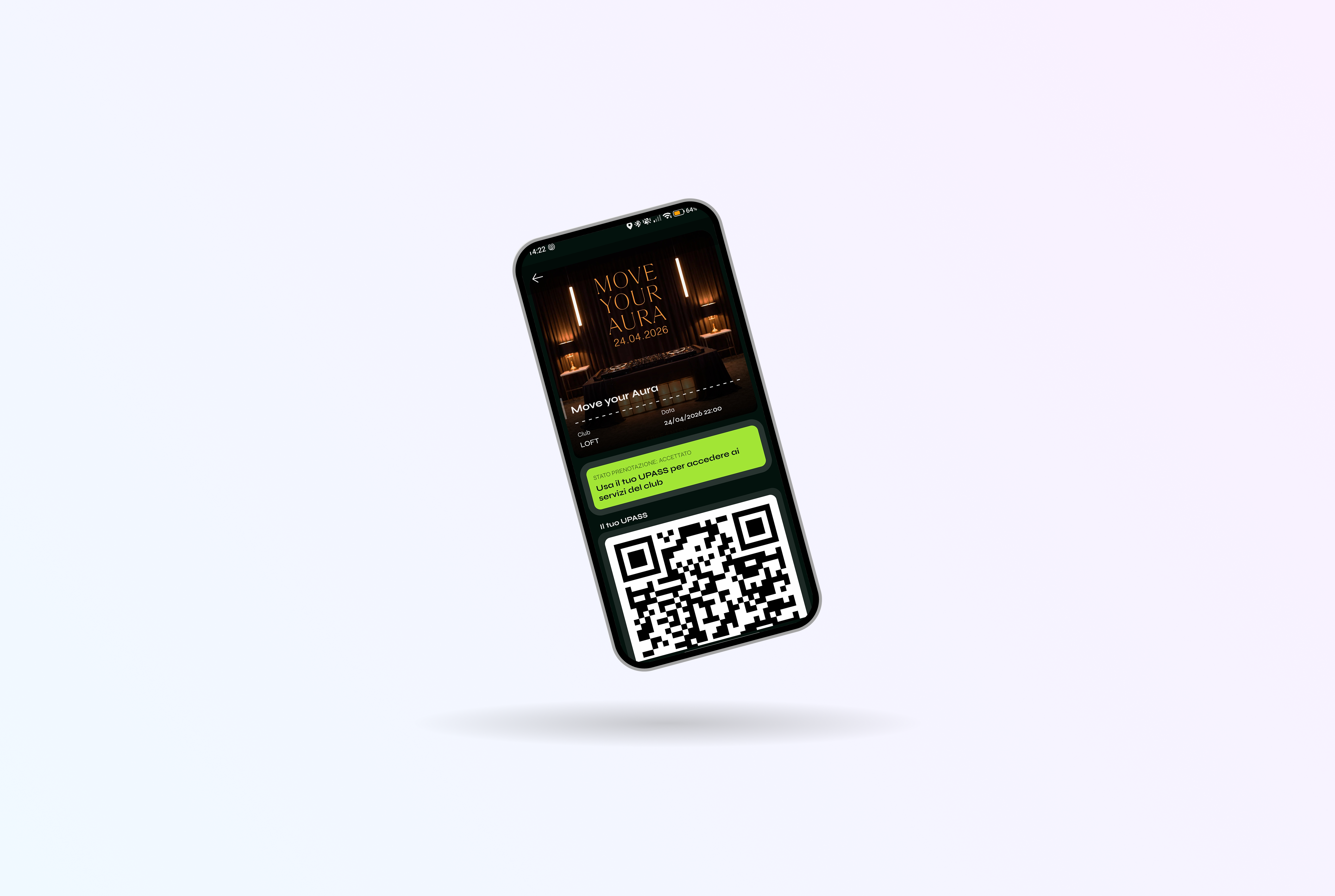 Biglietto digitale con QR Code utilizzato per l'accesso agli eventi e la validazione della prenotazione.