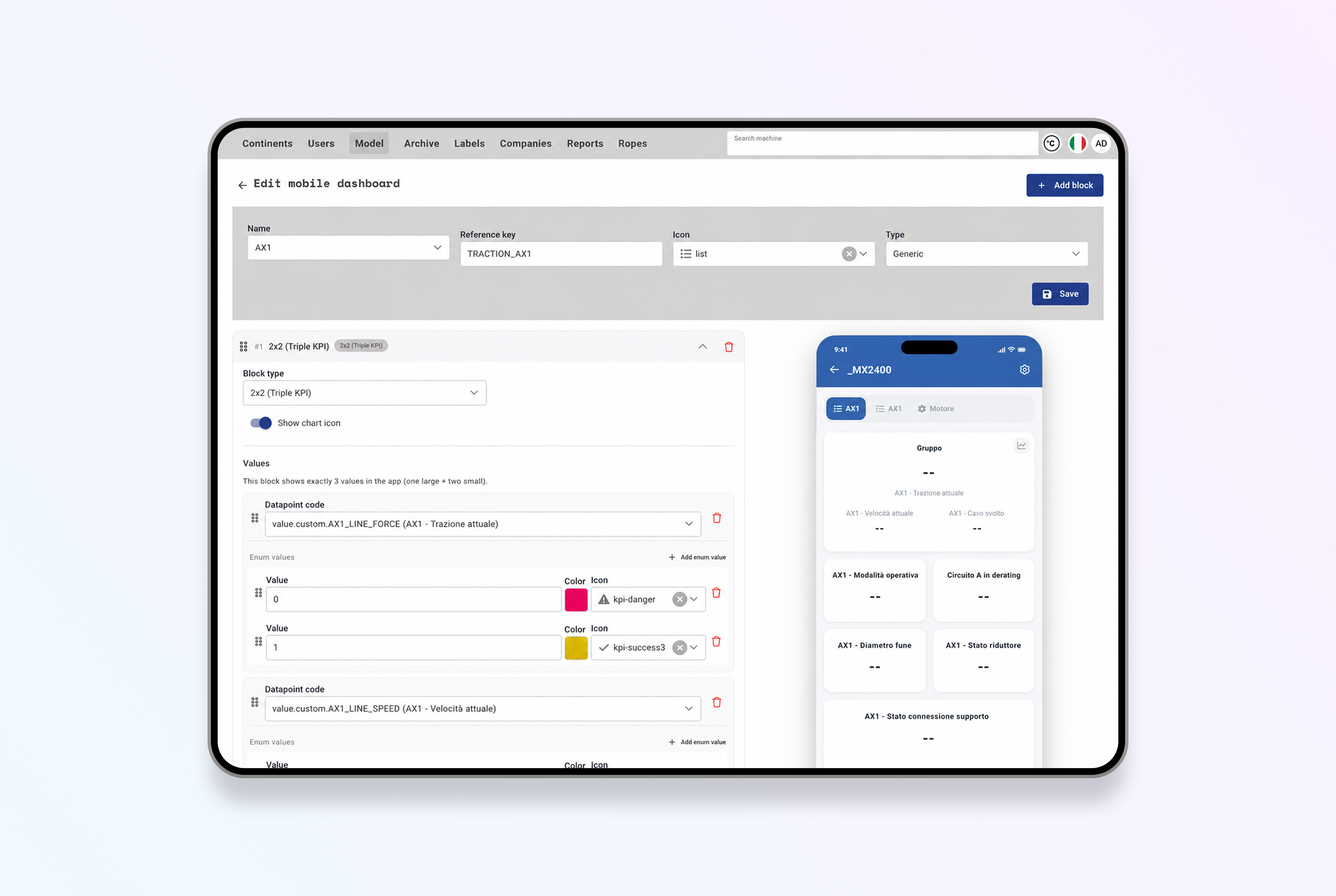 Mockup dell'interfaccia di configurazione di TEO per creare e personalizzare la dashboard mobile tramite blocchi, datapoint e anteprima in tempo reale.