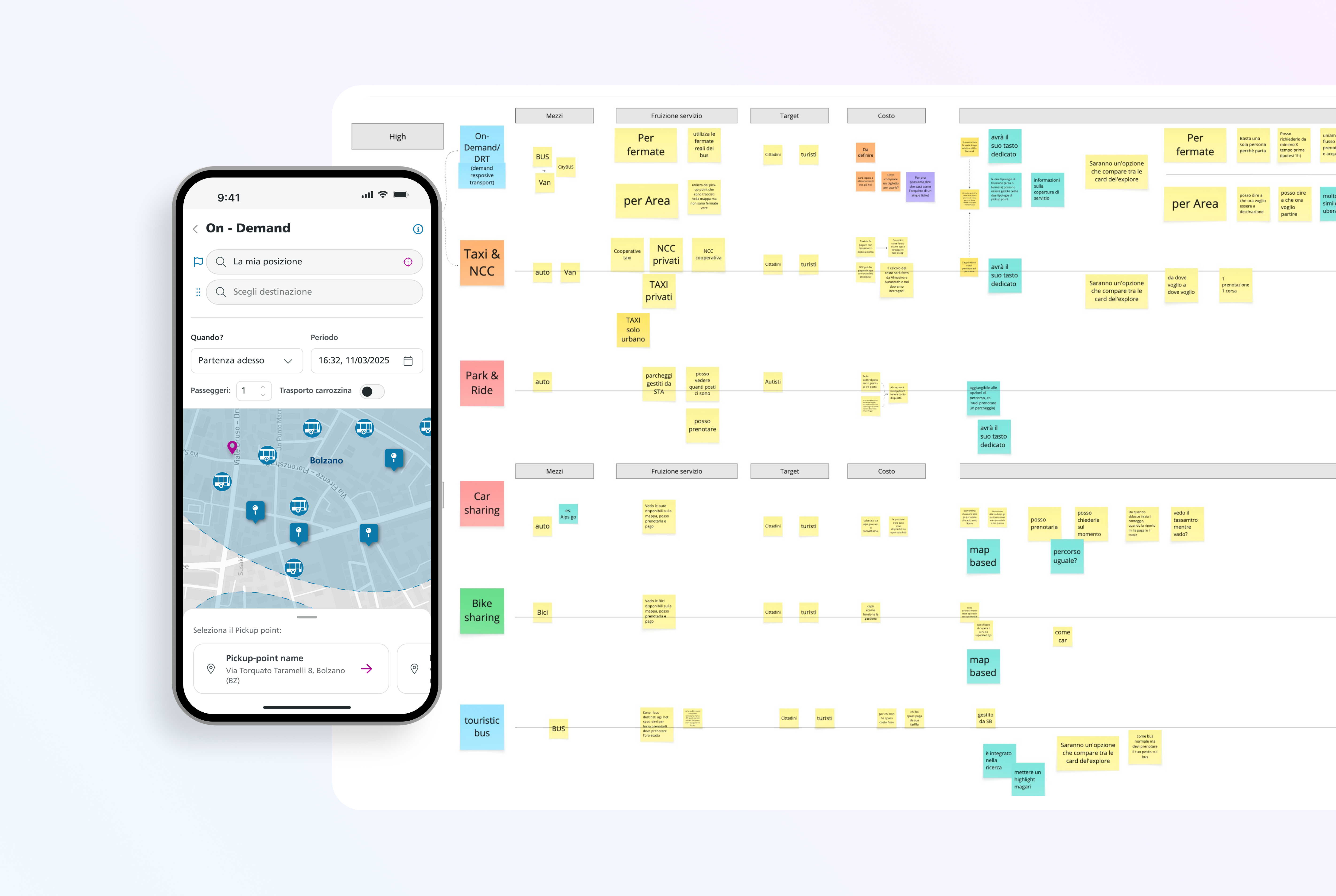 Schermata del servizio On Demand affiancata alla mappa di analisi utilizzata per progettare i servizi di mobilità integrata.