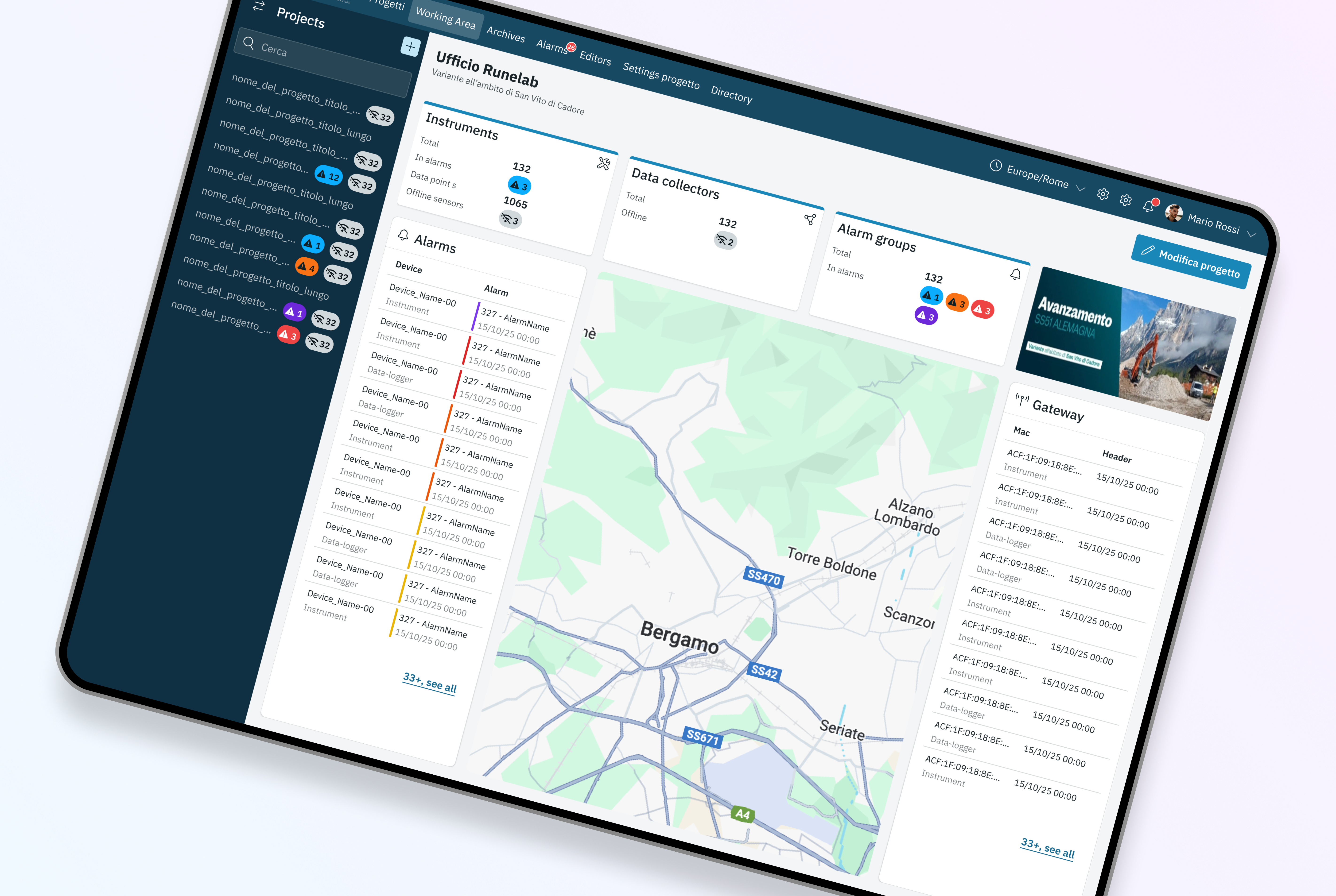 Mockup della dashboard di monitoraggio di un progetto IoT, con panoramica di strumenti, data collector, allarmi e mappa geografica.