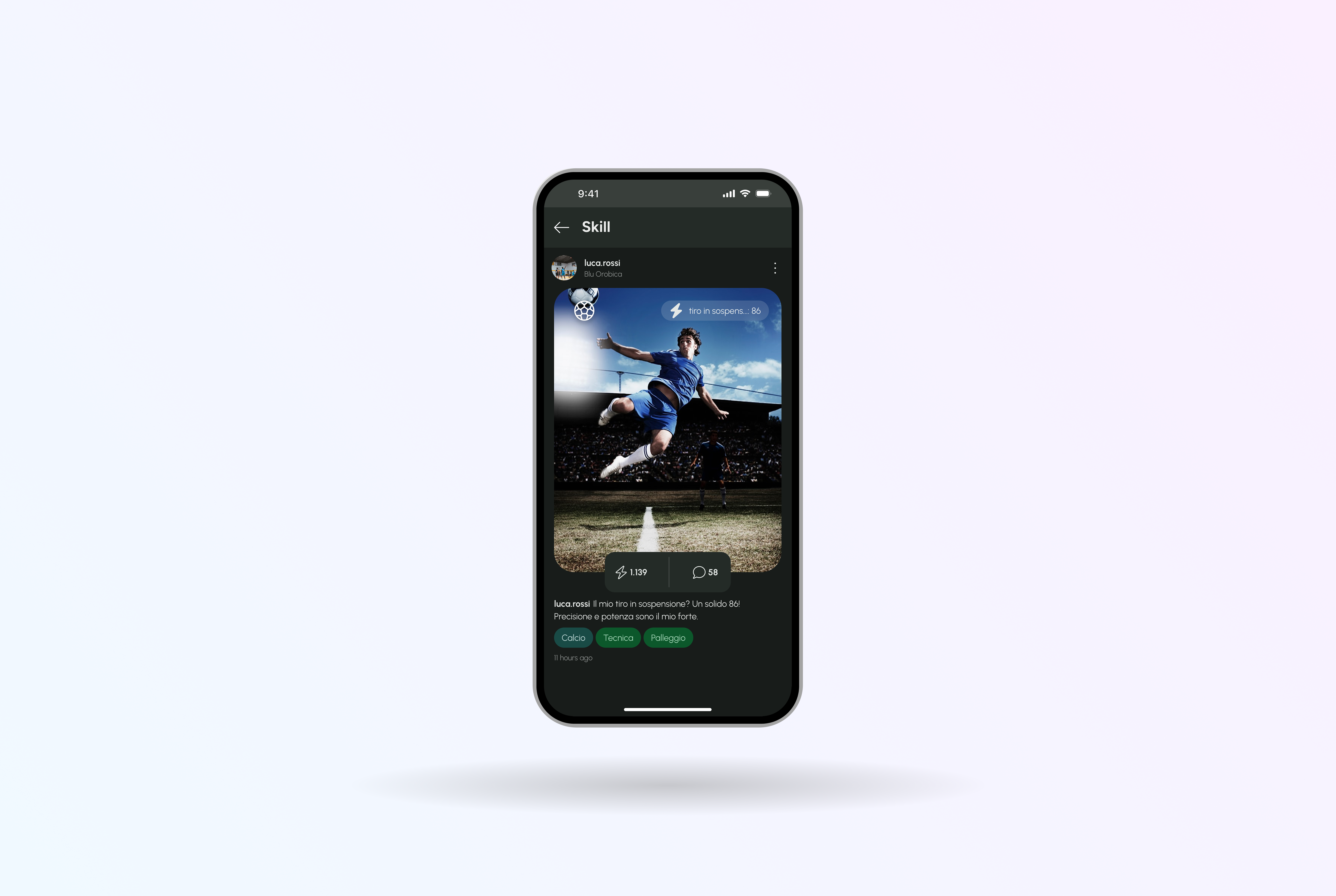 Schermata di visualizzazione di una skill sportiva con contenuto multimediale, valutazione e interazioni della community.