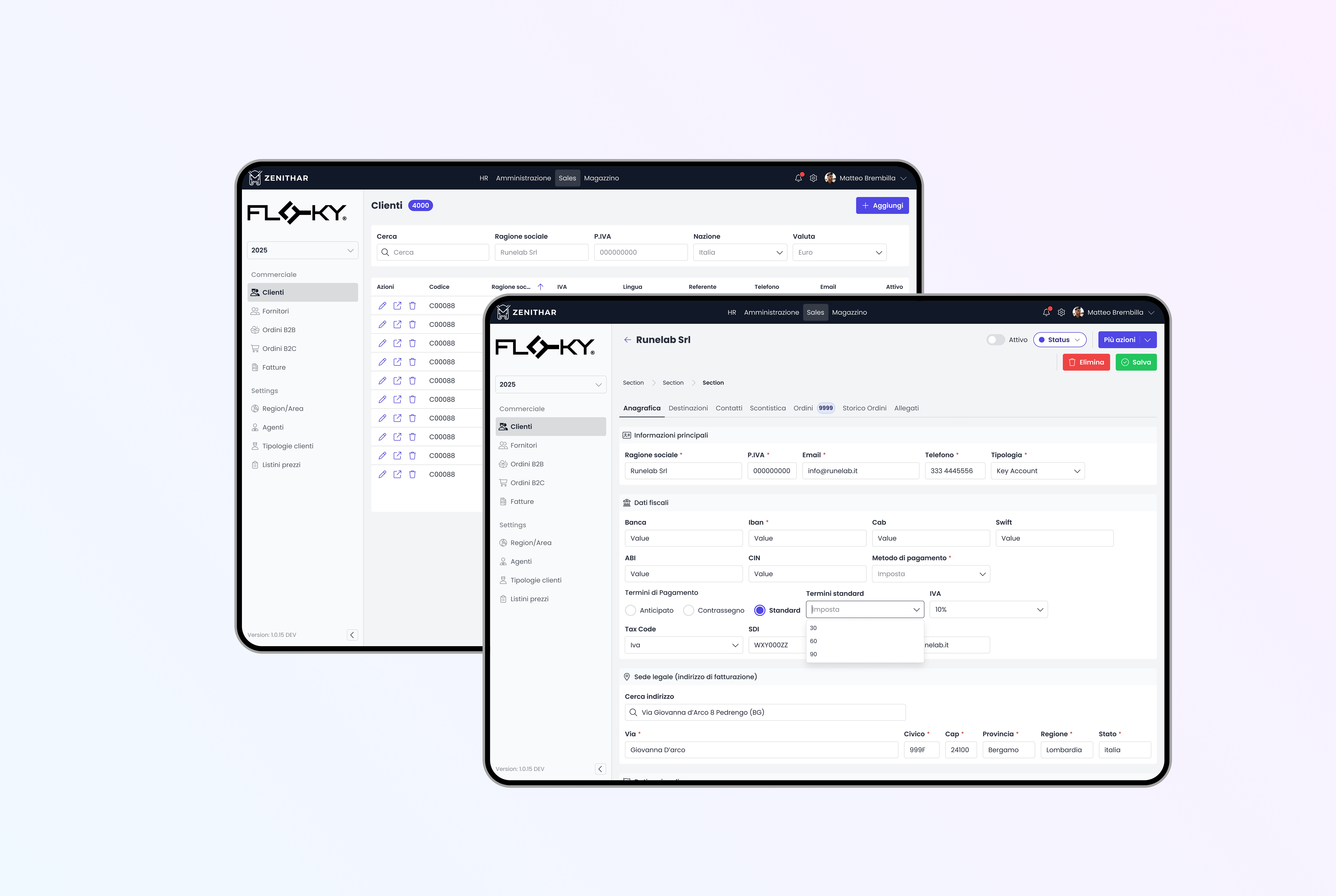 Confronto tra due mockup dedicati alla gestione dei clienti, con anagrafica, dati fiscali e configurazione delle condizioni commerciali.