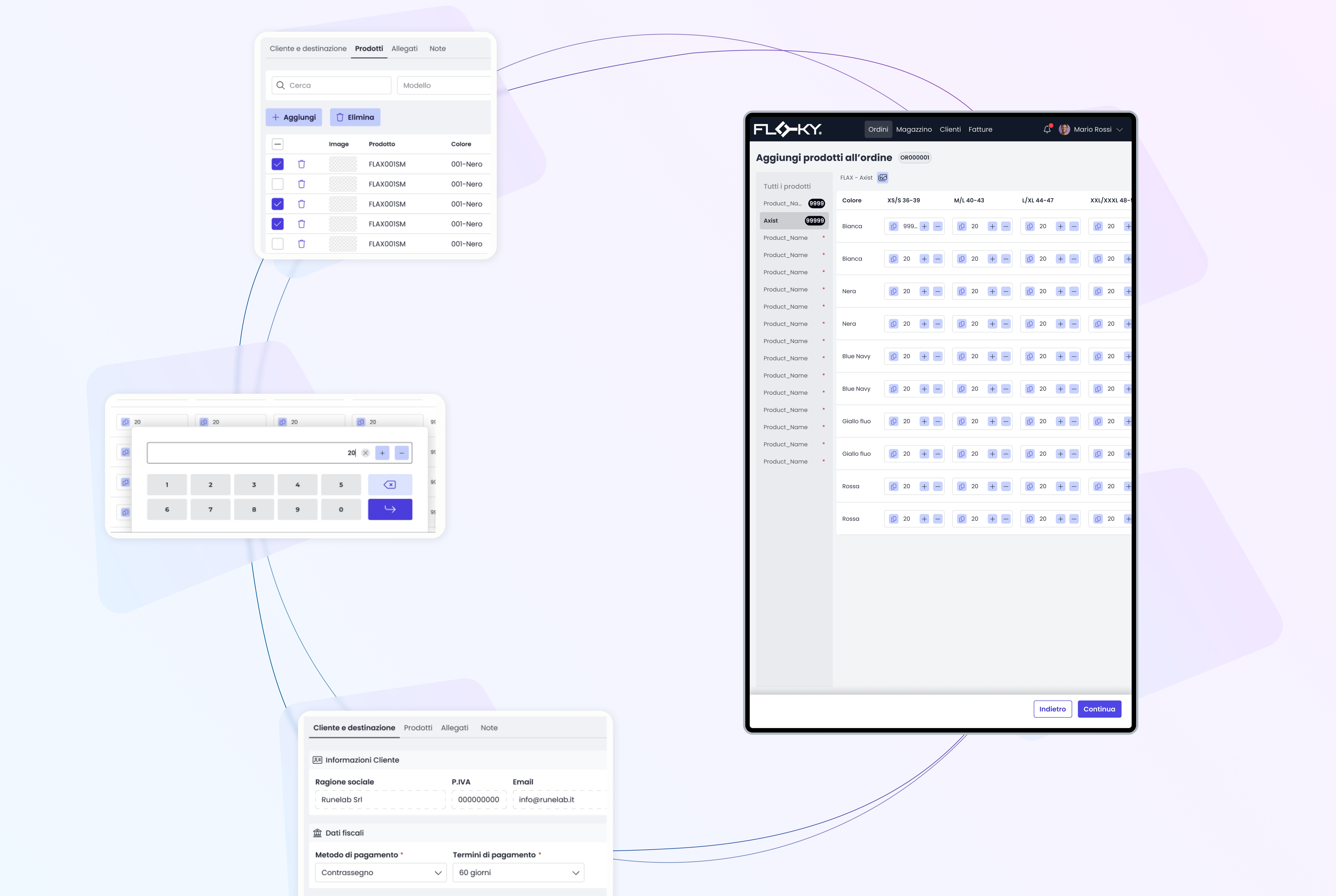 Composizione di mockup dedicata alla creazione di un ordine, con selezione dei prodotti, inserimento delle quantità e compilazione dei dati del cliente.