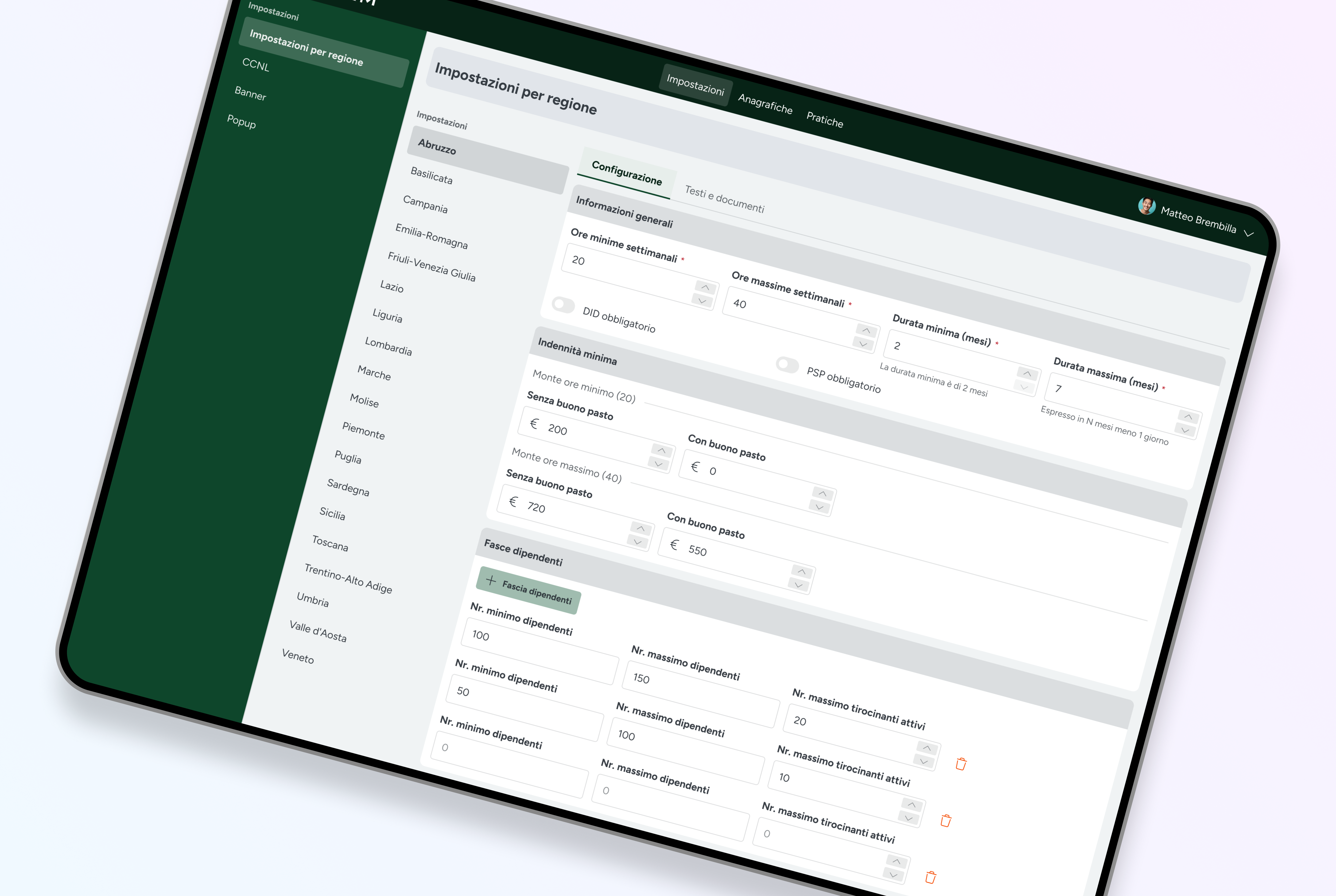 Mockup dell'interfaccia di configurazione delle normative regionali di JobFarm, con gestione dei requisiti, delle durate e delle indennità previste per i tirocini.