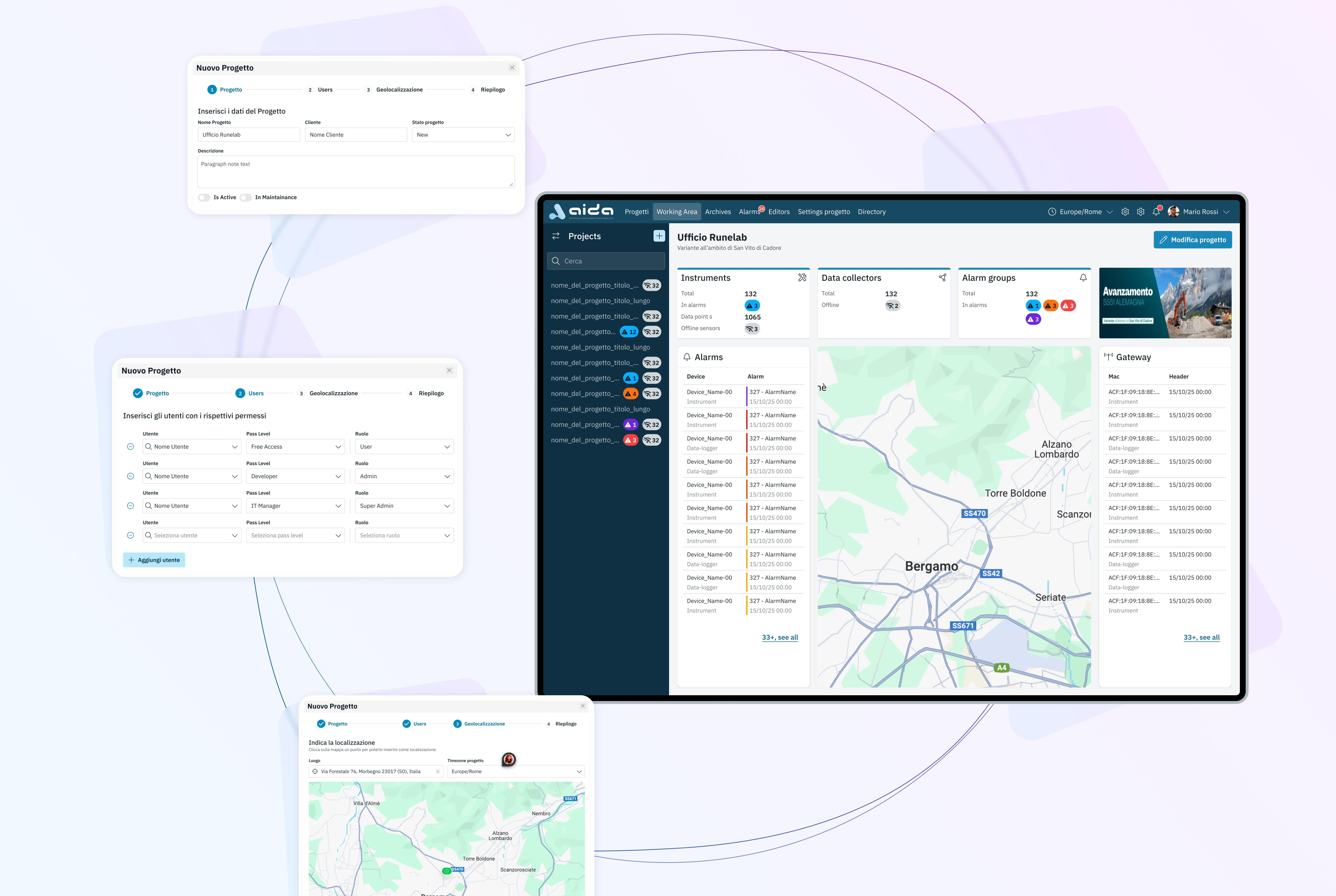 Composizione di mockup dedicata alla creazione di un nuovo progetto, con configurazione iniziale, gestione degli utenti e geolocalizzazione.