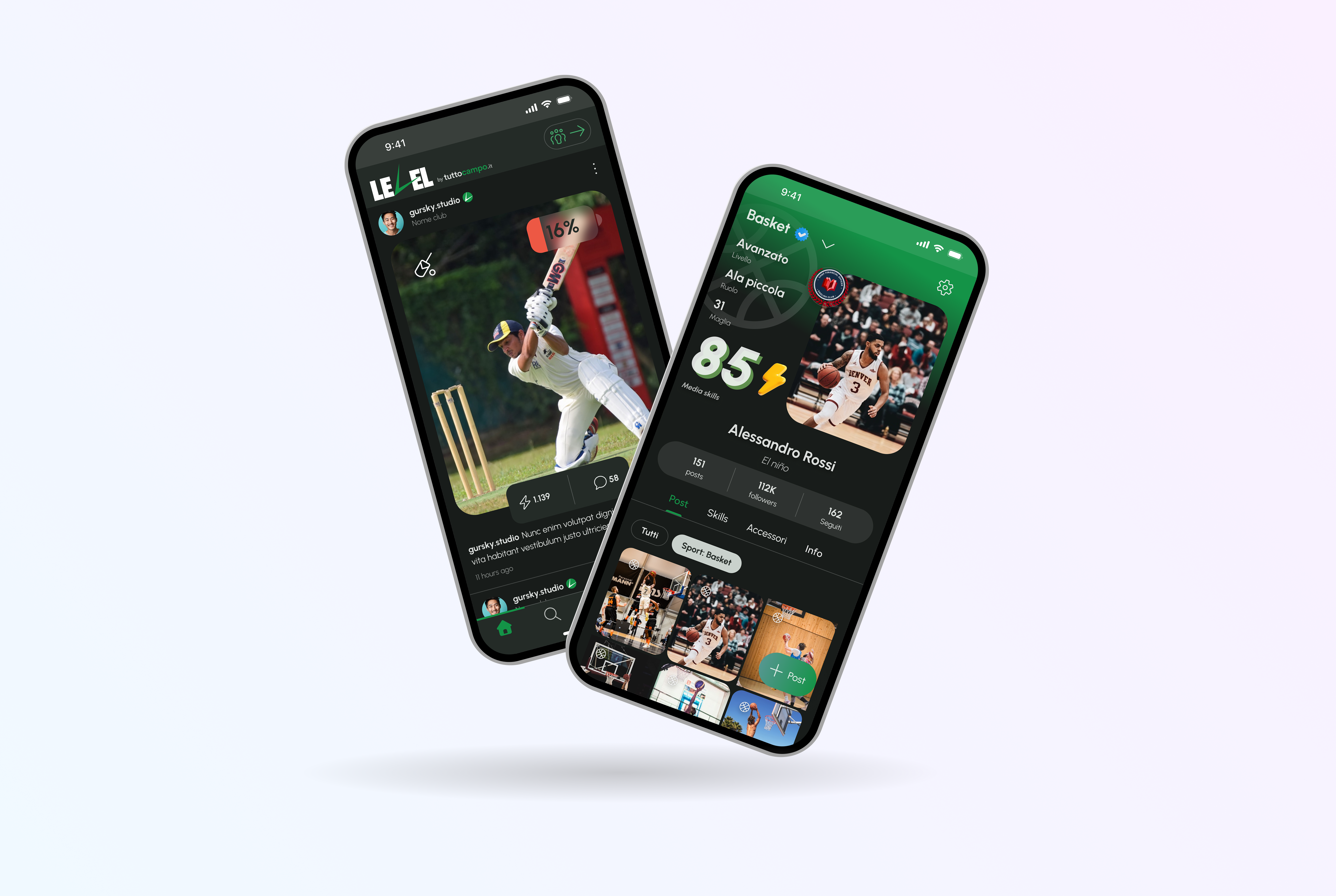 Interfacce mobile di Level dedicate alla condivisione di contenuti sportivi, alla valutazione delle skill e alla creazione del profilo atleta.