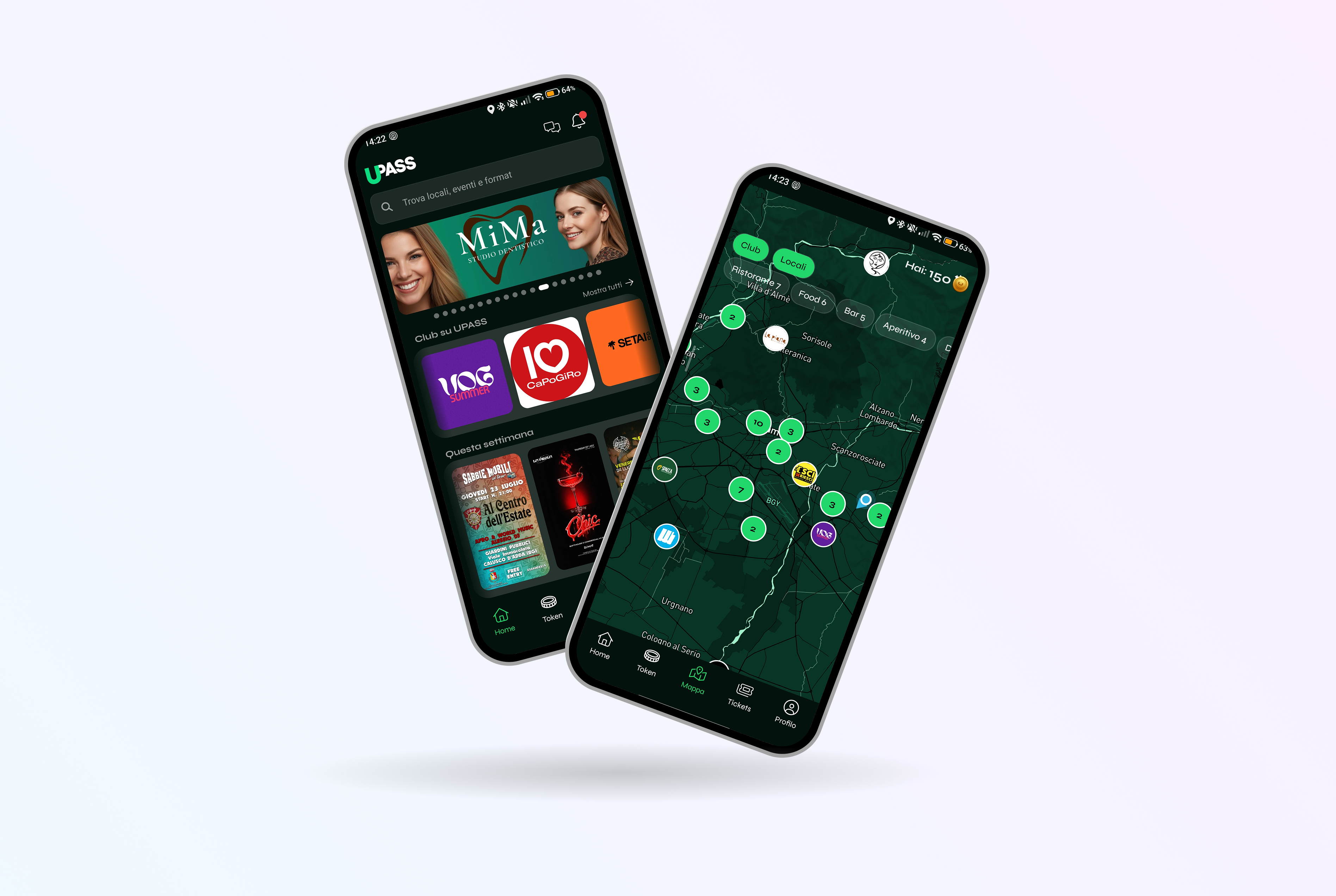 Home dell'app UPASS con eventi e locali in evidenza affiancata alla mappa interattiva per scoprire attività, club e promozioni nelle vicinanze.