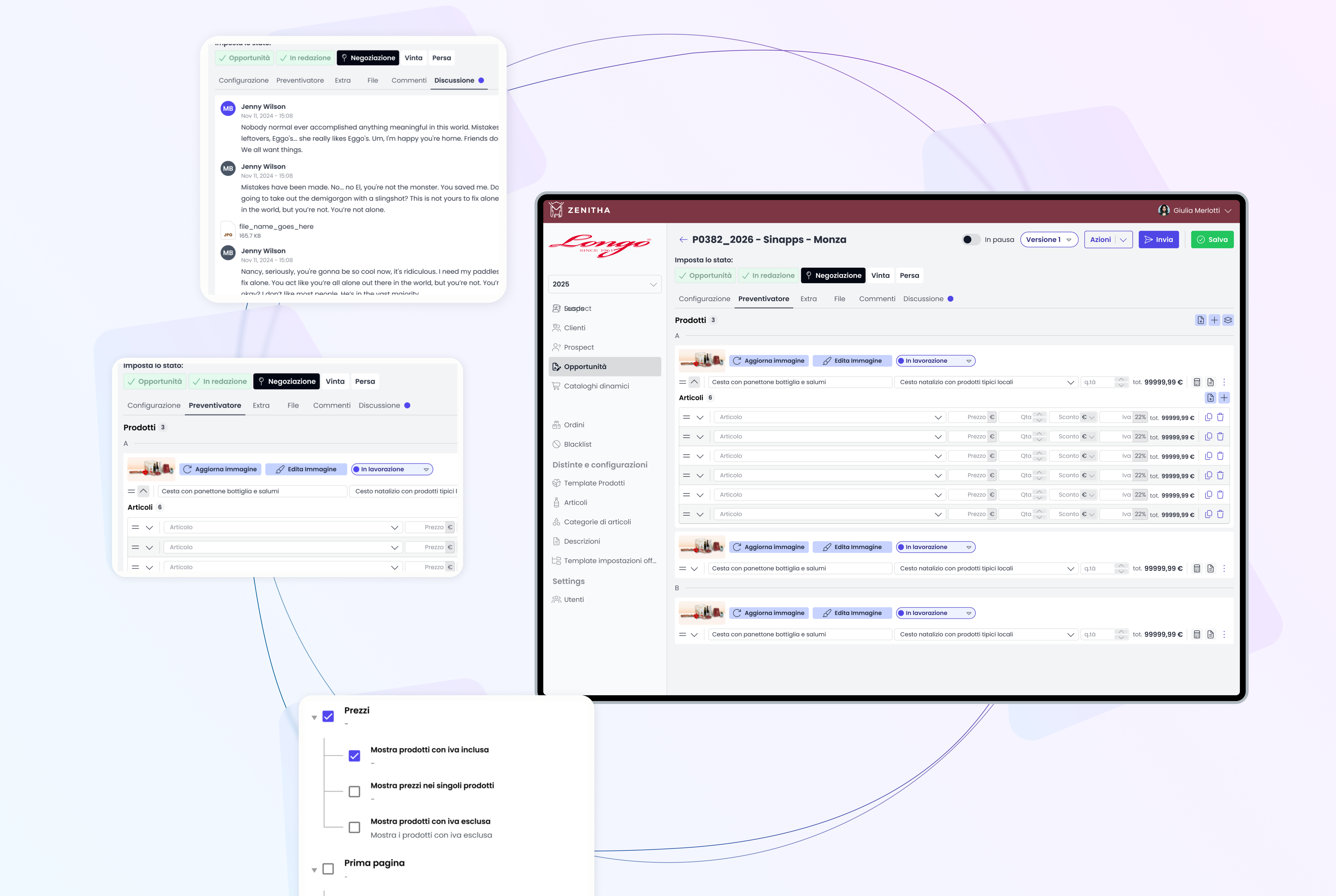 Composizione di mockup che illustra il workspace collaborativo del preventivatore, con gestione dei prodotti, commenti, discussioni e impostazioni di configurazione.