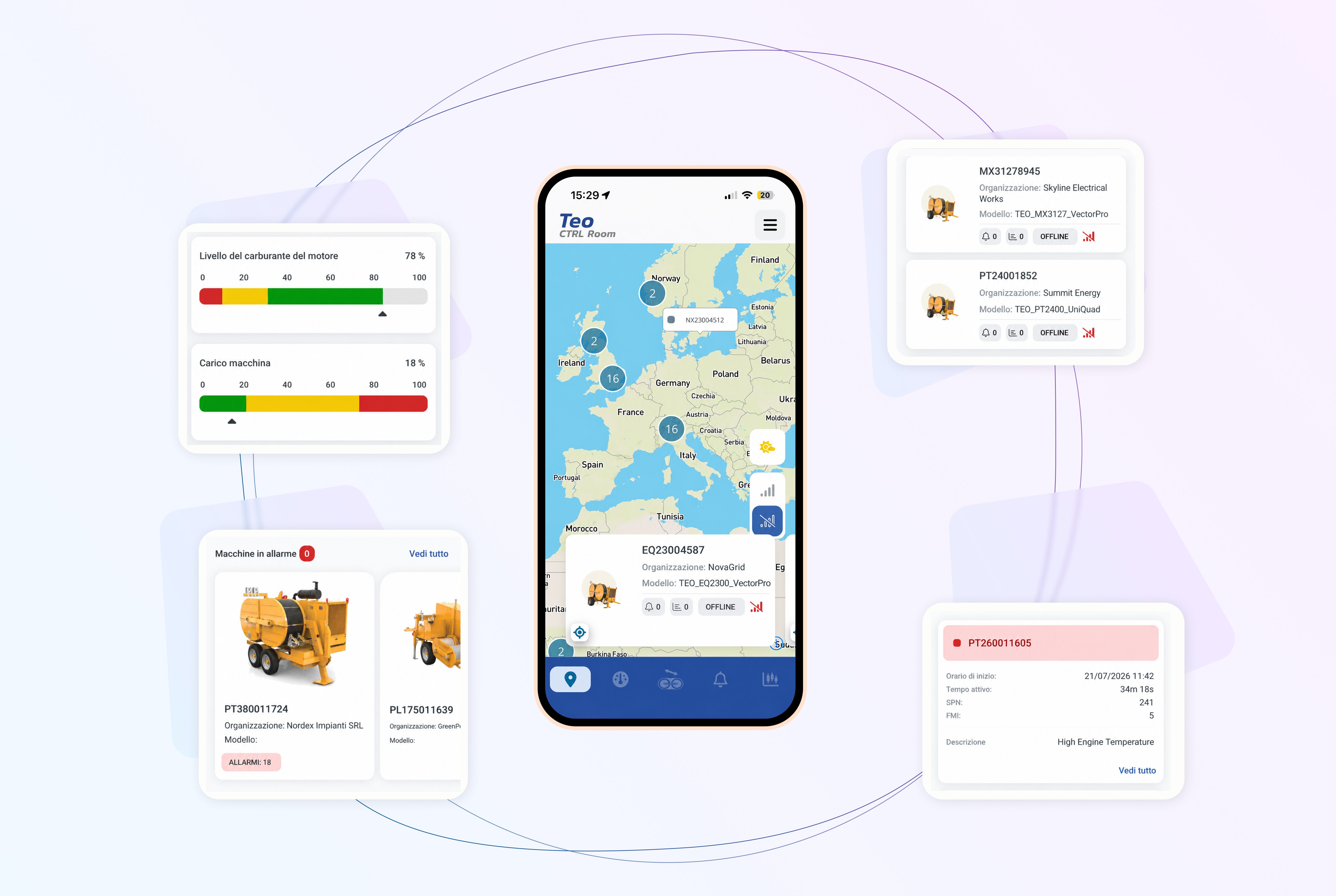 Composizione di mockup dell'app mobile TEO con monitoraggio della flotta, stato delle macchine, indicatori operativi e gestione degli allarmi.