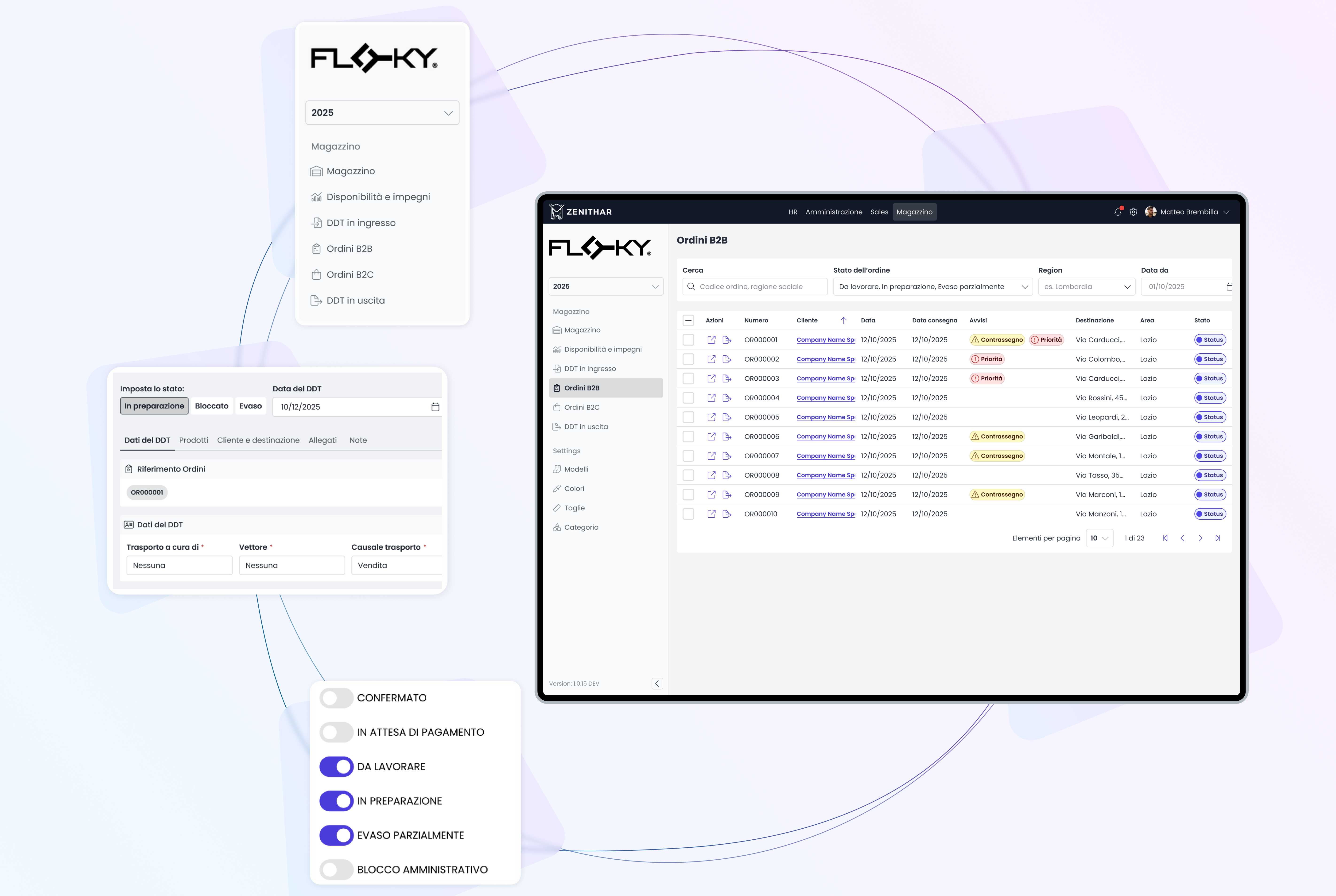 Composizione di mockup dedicata alla gestione degli ordini B2B, con monitoraggio degli stati e compilazione dei documenti di trasporto.