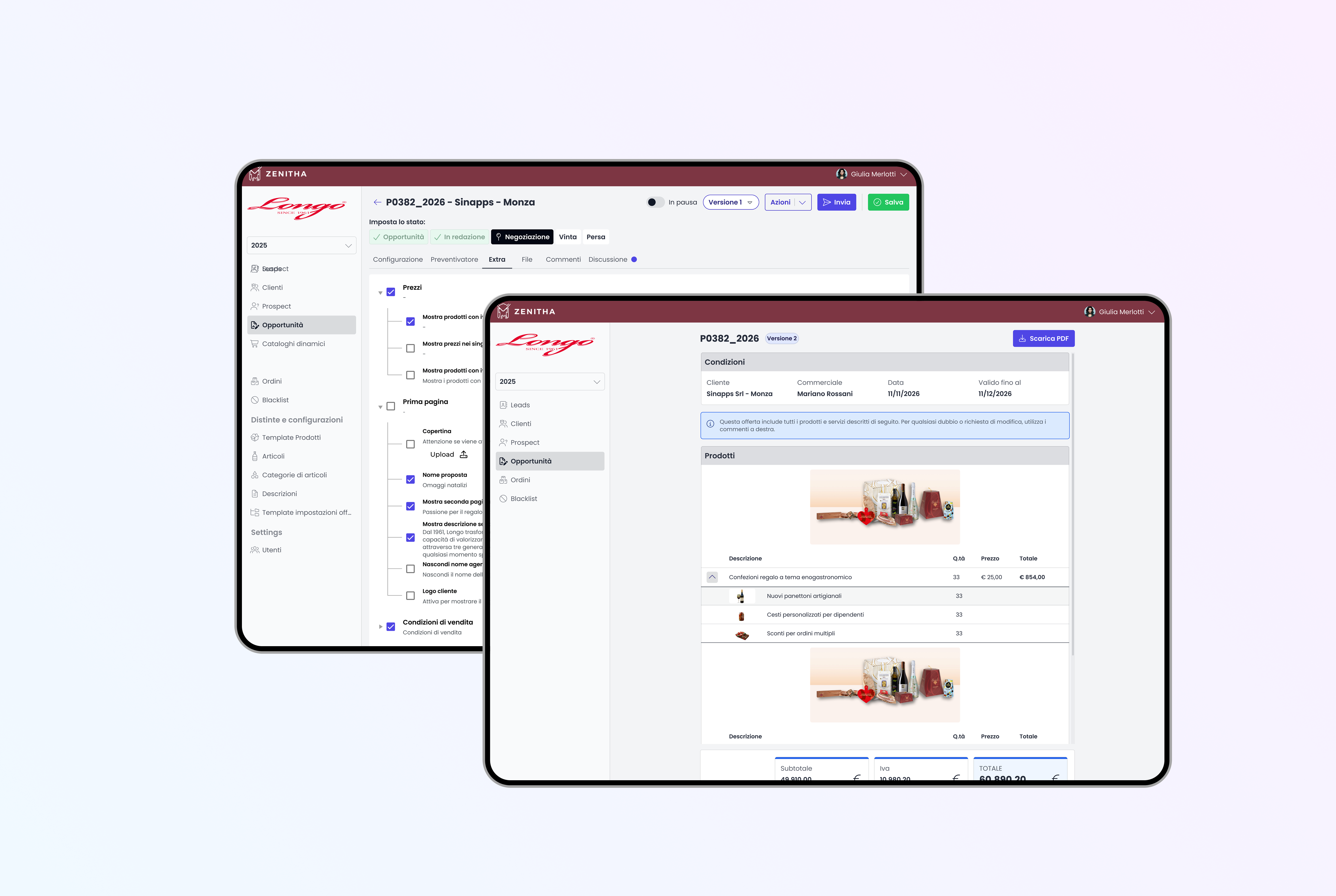 Composizione di mockup dedicata alla configurazione del documento commerciale, con personalizzazione dei contenuti mostrati nell'anteprima PDF.