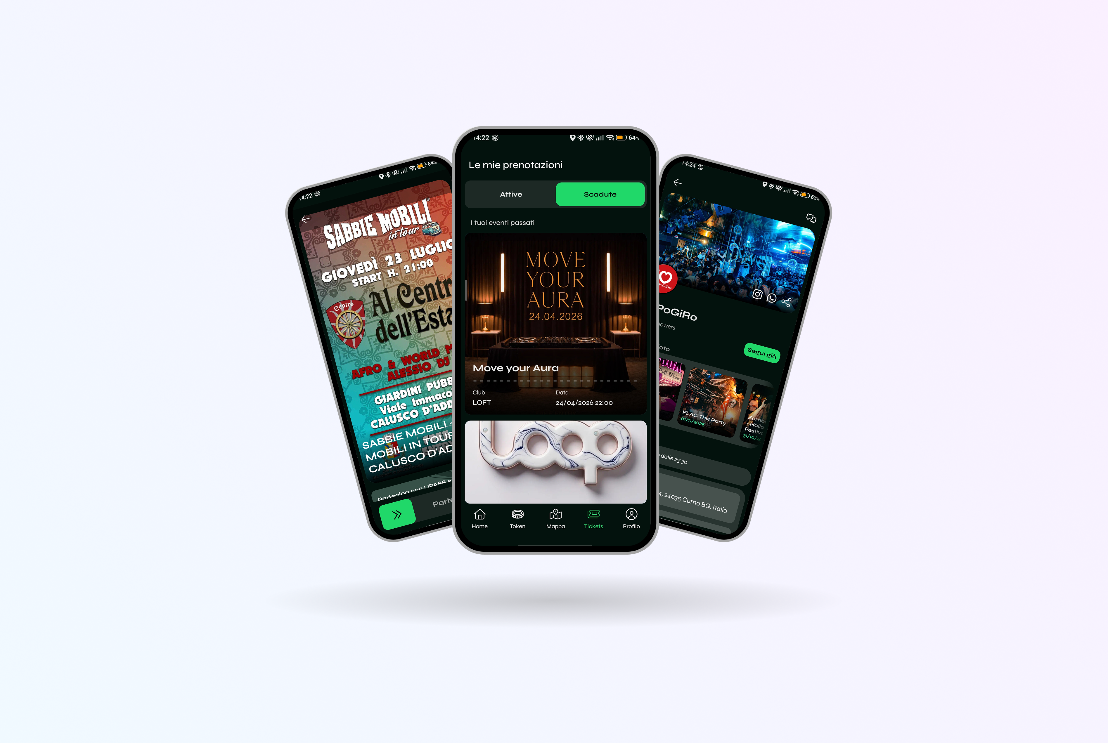 Flusso di gestione delle prenotazioni con elenco degli eventi, dettaglio del locale e cronologia dei ticket acquistati.