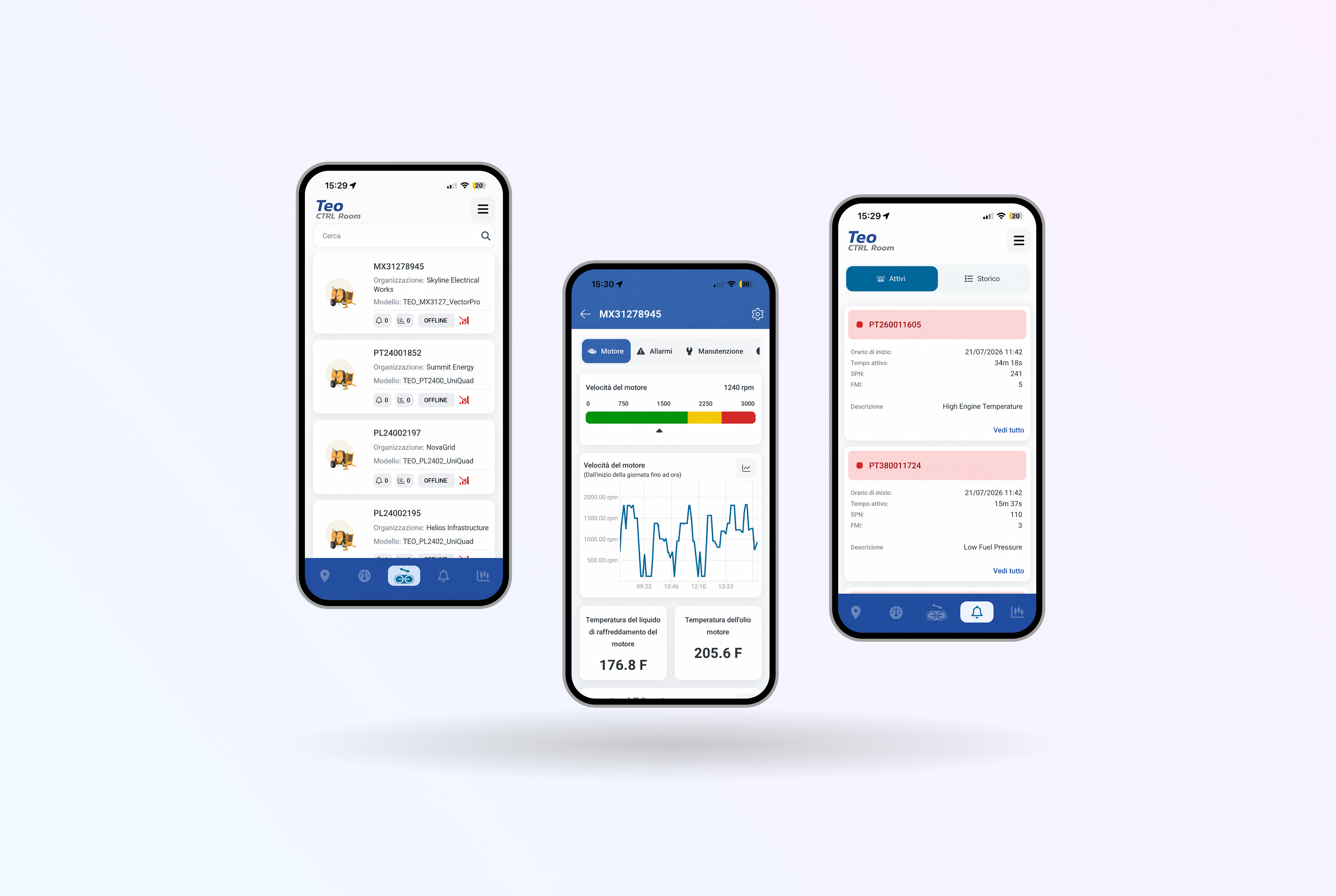 Mockup delle schermate mobile di TEO con elenco macchine, monitoraggio del motore e cronologia degli allarmi.
