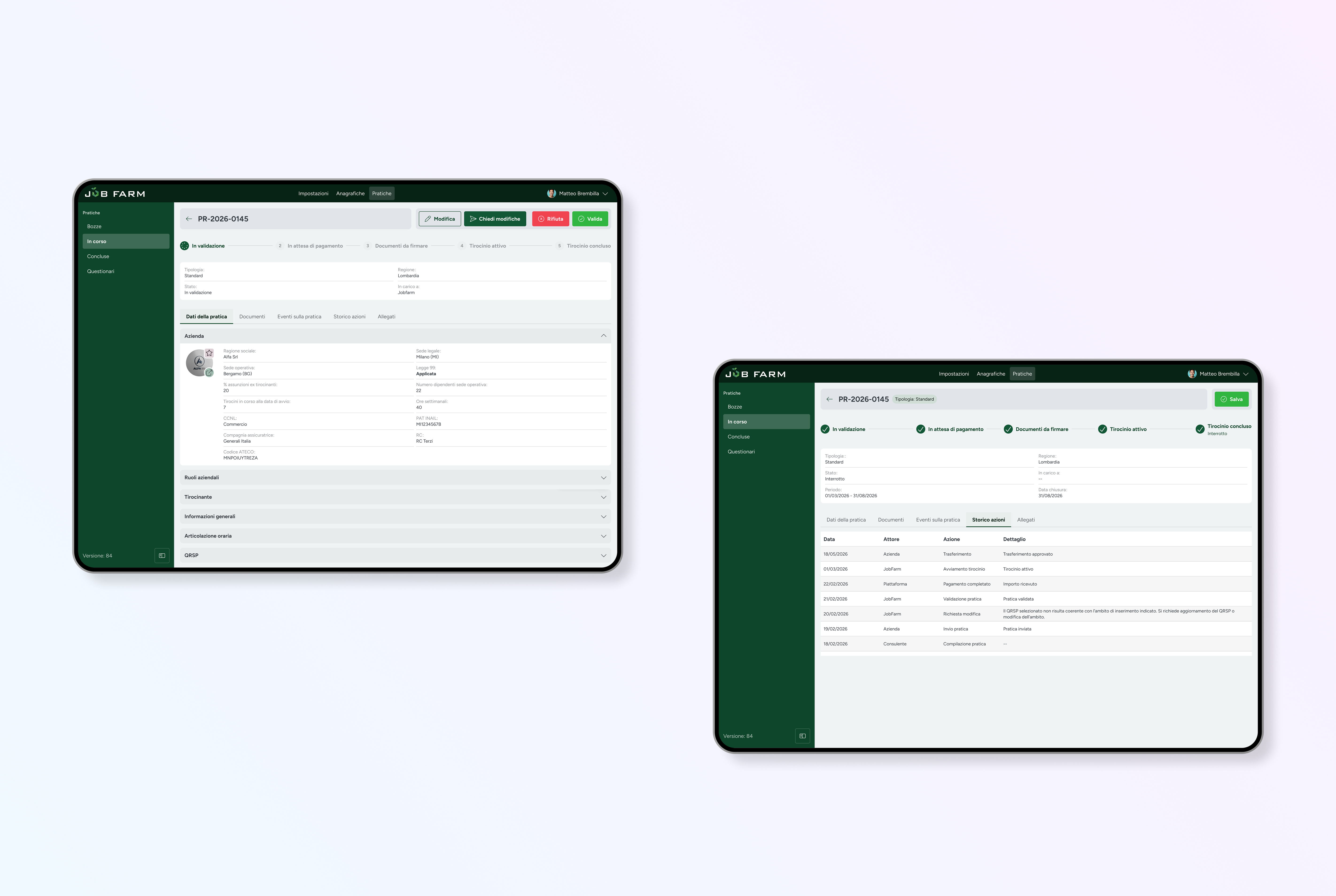 Composizione di mockup dedicata alla gestione delle pratiche di tirocinio, con dettaglio della pratica e storico delle attività svolte durante il workflow di approvazione.