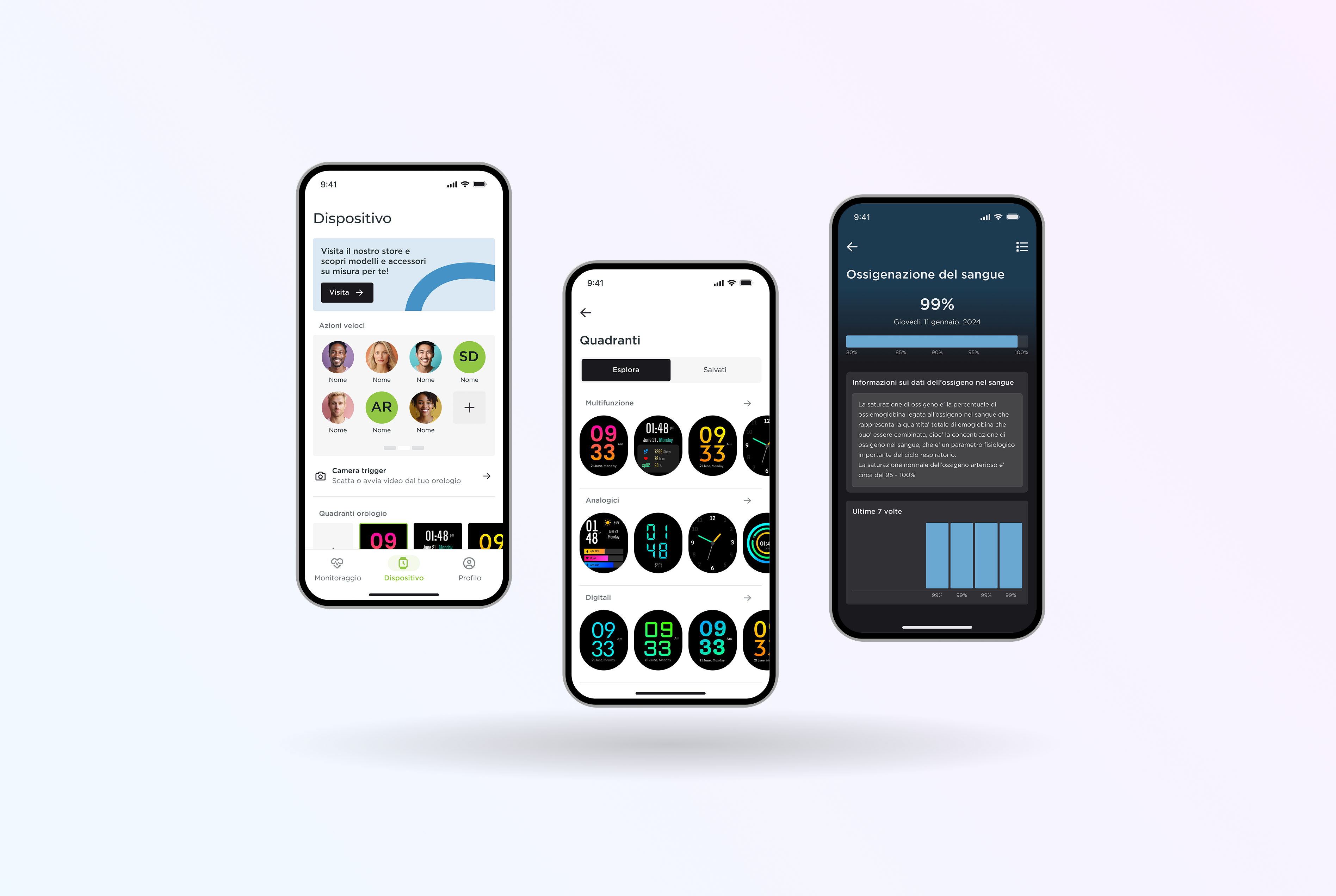 Esperienza di personalizzazione dello smartwatch con gestione del dispositivo, catalogo dei quadranti e visualizzazione dello storico dell'ossigenazione del sangue.