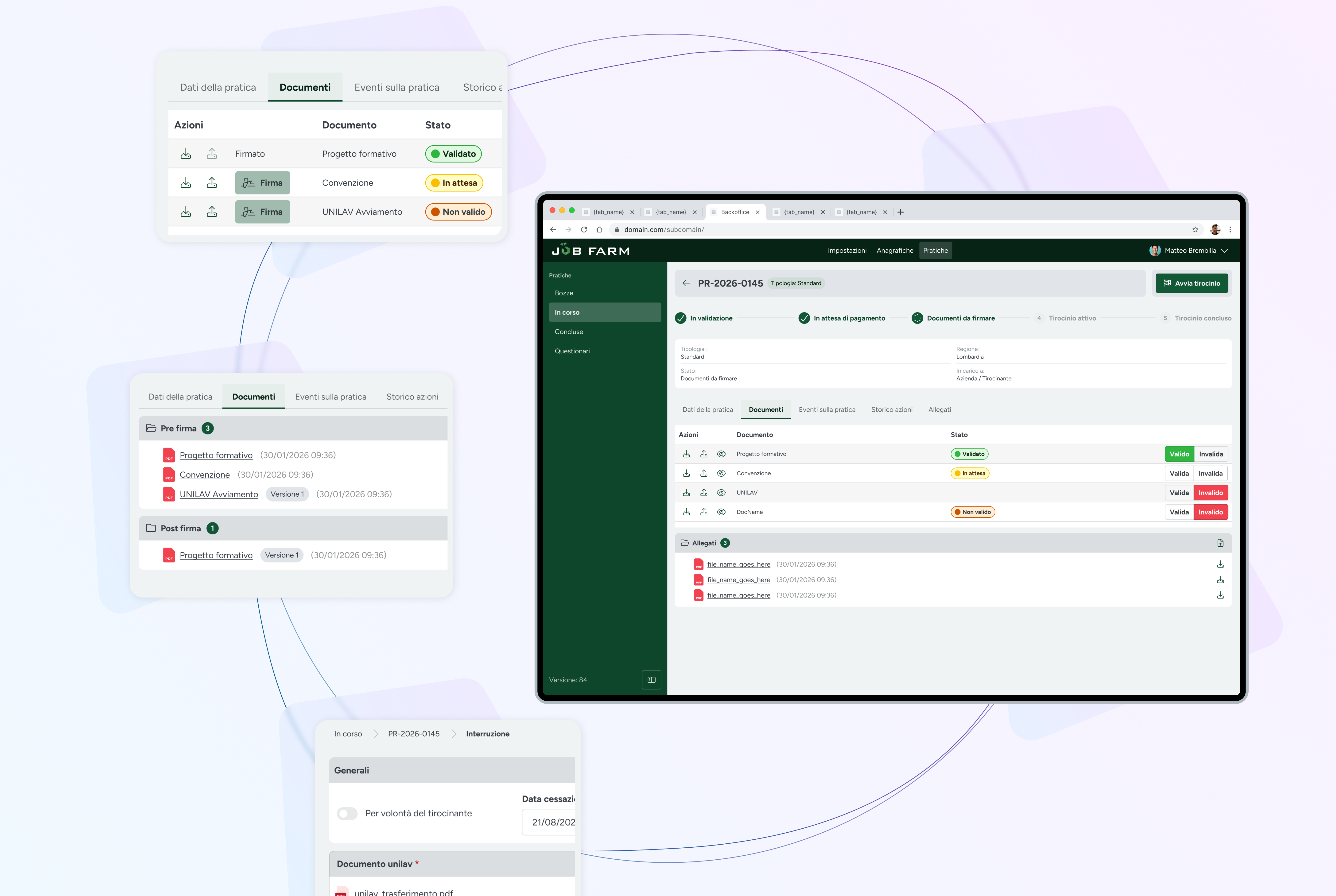 Composizione di mockup dedicata alla gestione documentale delle pratiche, con validazione dei documenti, firma digitale, allegati e monitoraggio dello stato di avanzamento.