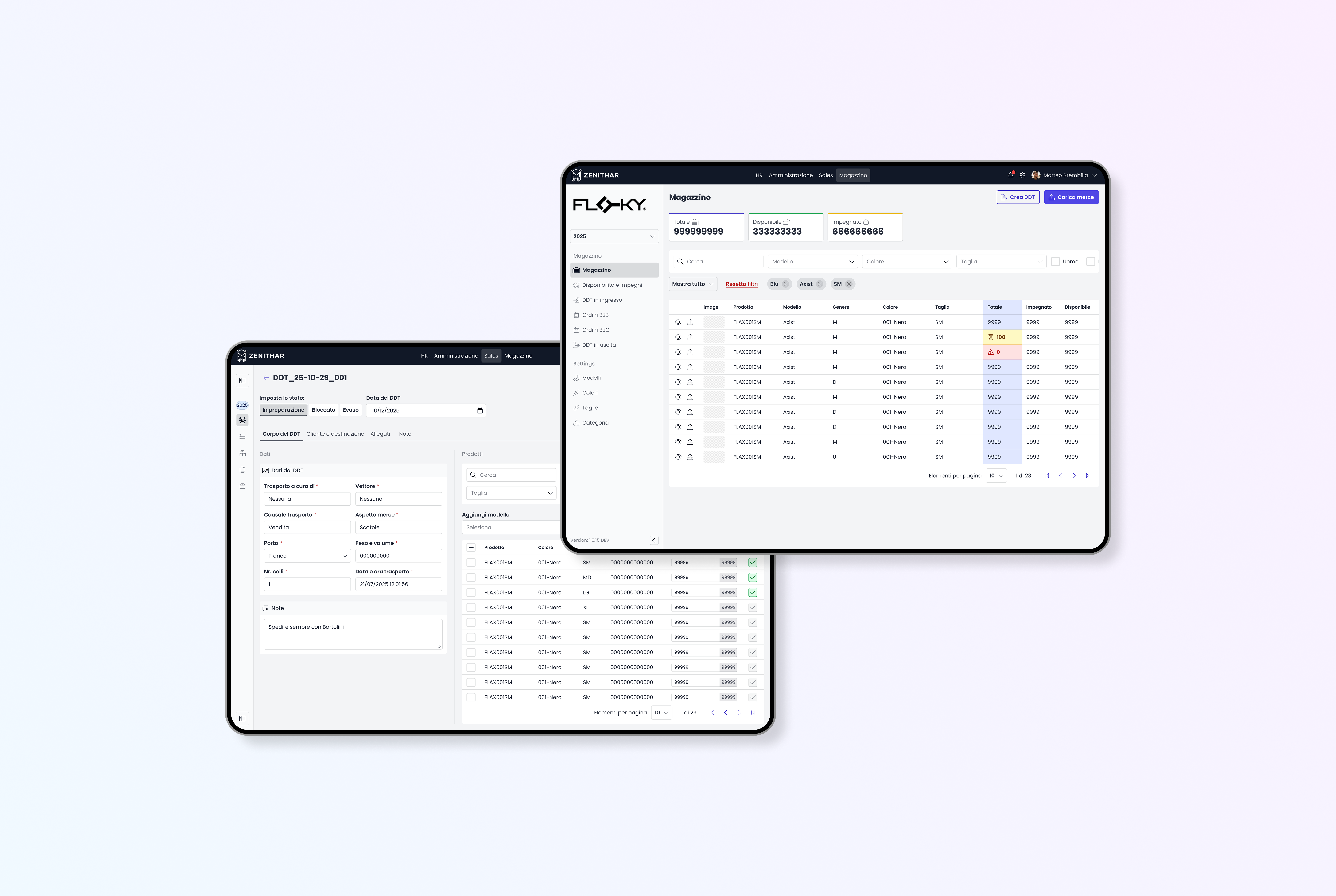 Confronto tra due mockup dedicati alla gestione del magazzino e della logistica, con monitoraggio delle disponibilità e preparazione dei documenti di trasporto.