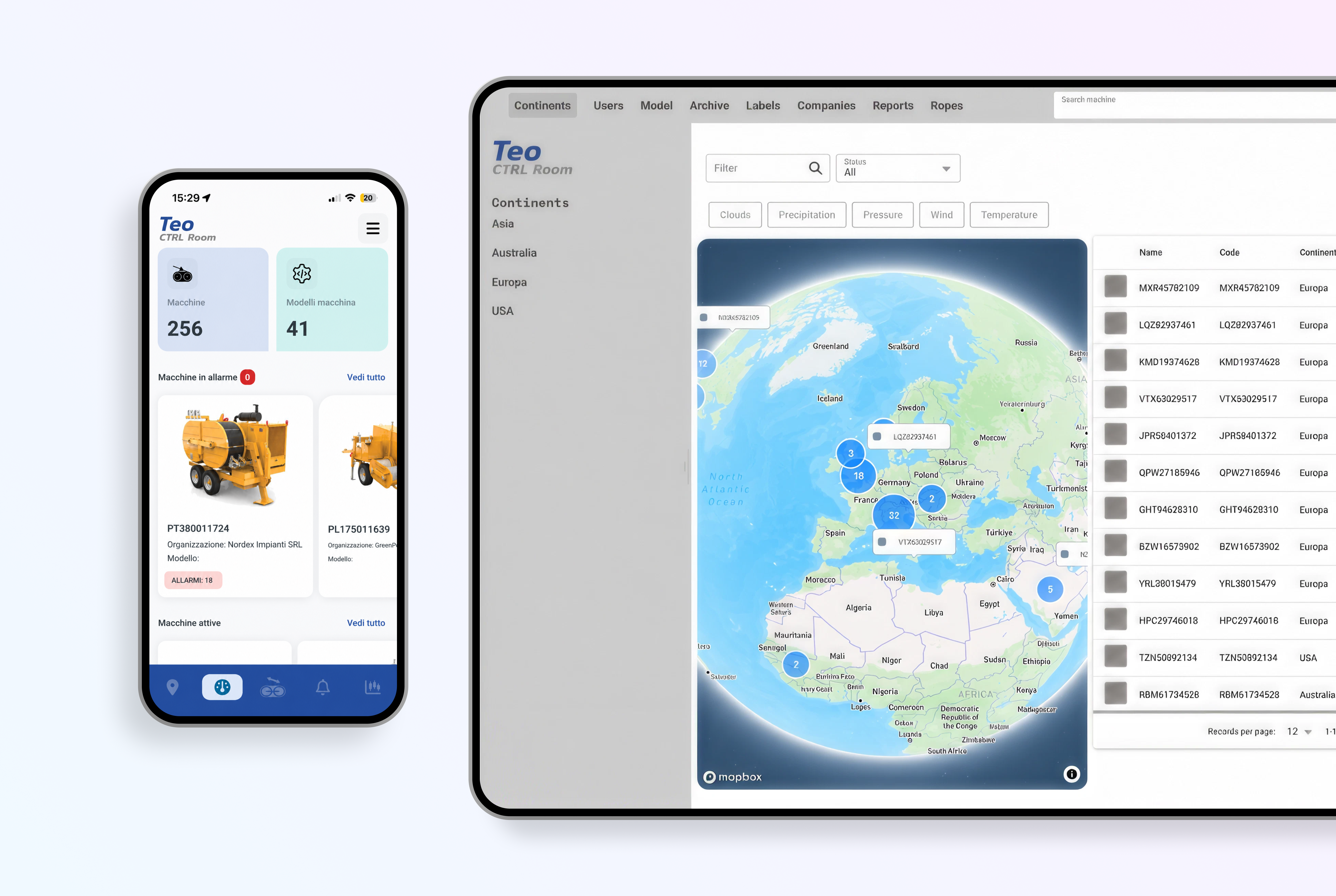 Mockup della dashboard desktop e mobile di TEO con mappa interattiva, distribuzione geografica delle macchine e panoramica dello stato dell'intera flotta.