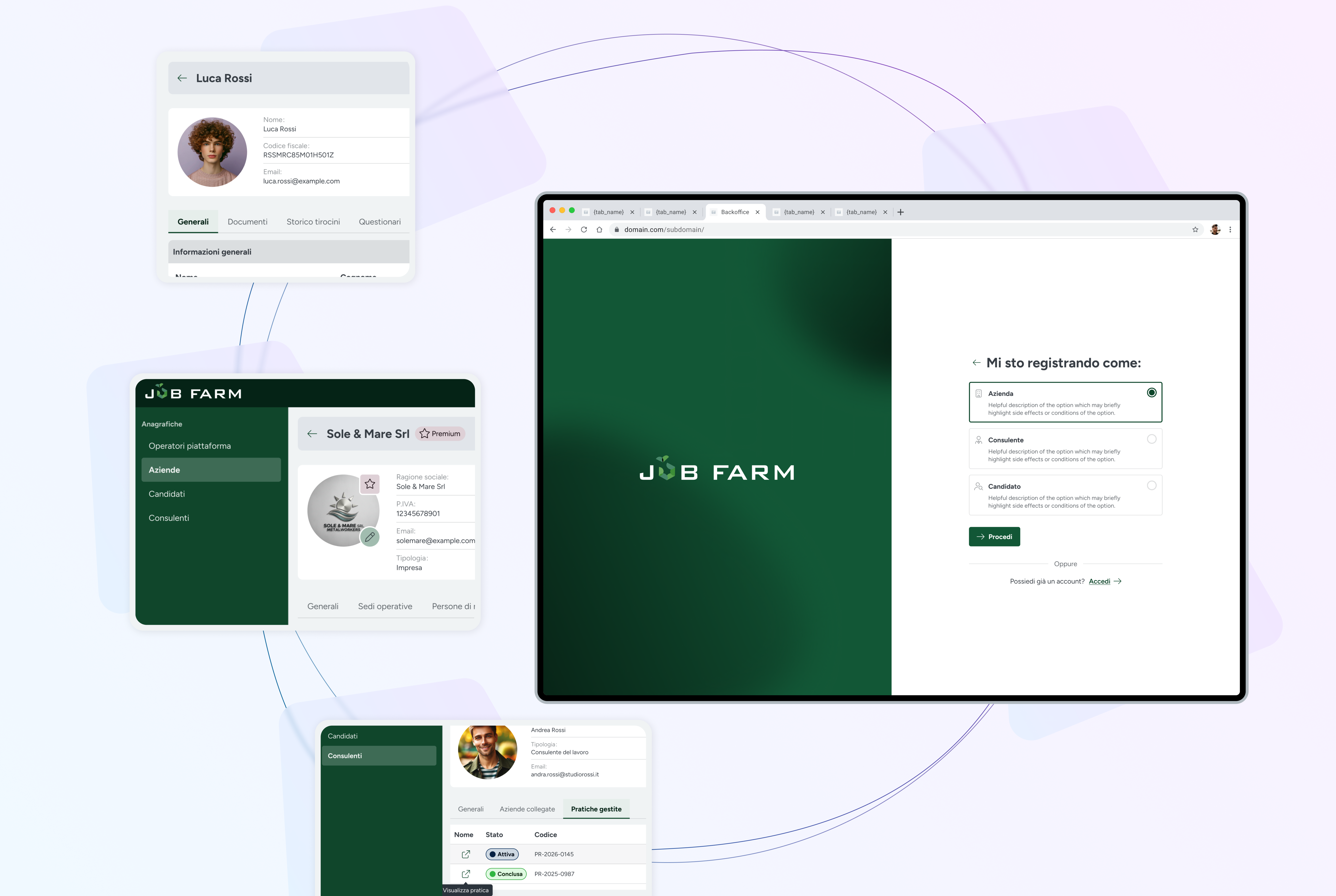 Composizione di mockup dedicata alla registrazione e alla gestione delle anagrafiche, con schermata di onboarding, schede di aziende, candidati e consulenti.