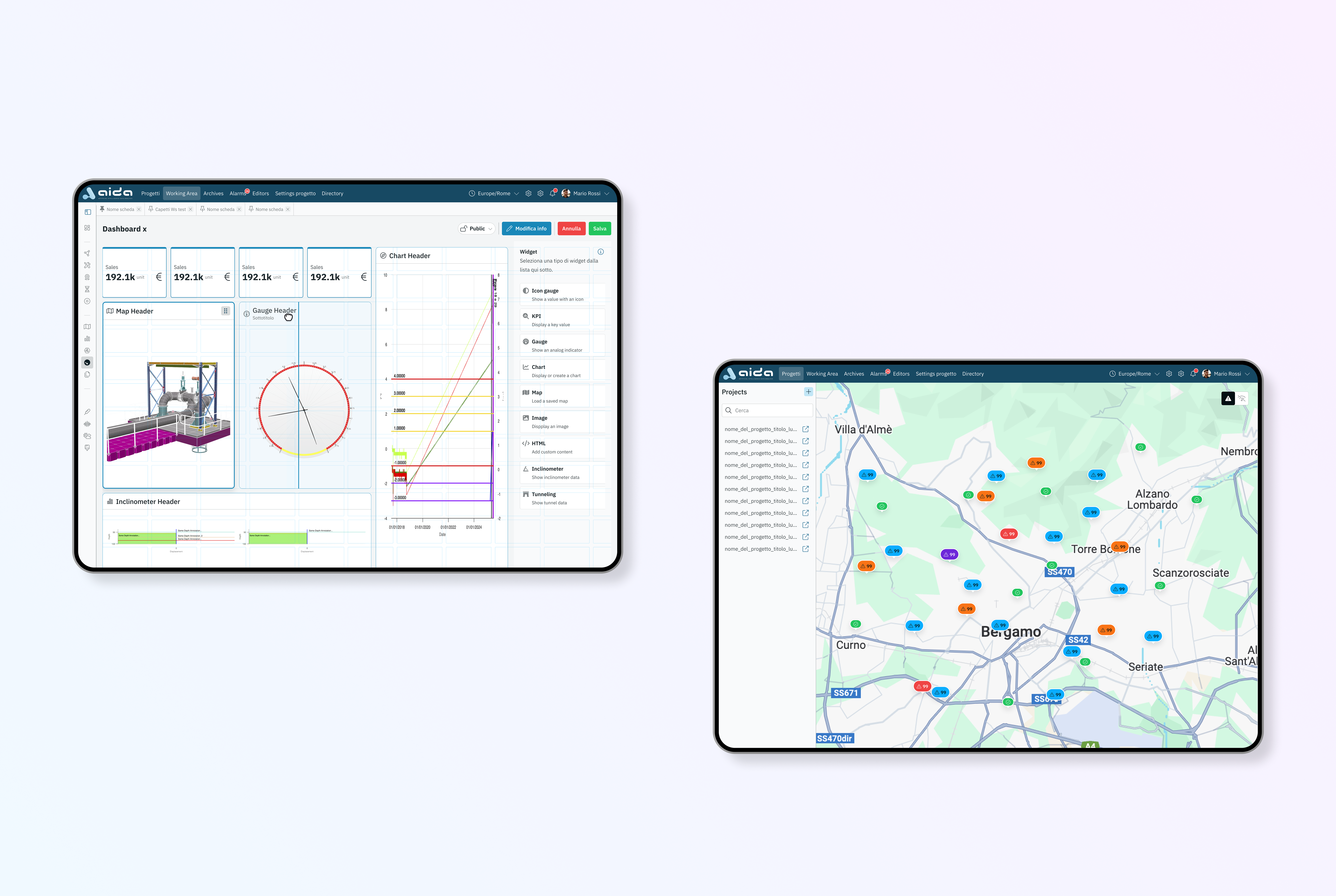 Confronto tra due mockup che mostra il builder di dashboard personalizzate e la visualizzazione geografica dei dispositivi monitorati.
