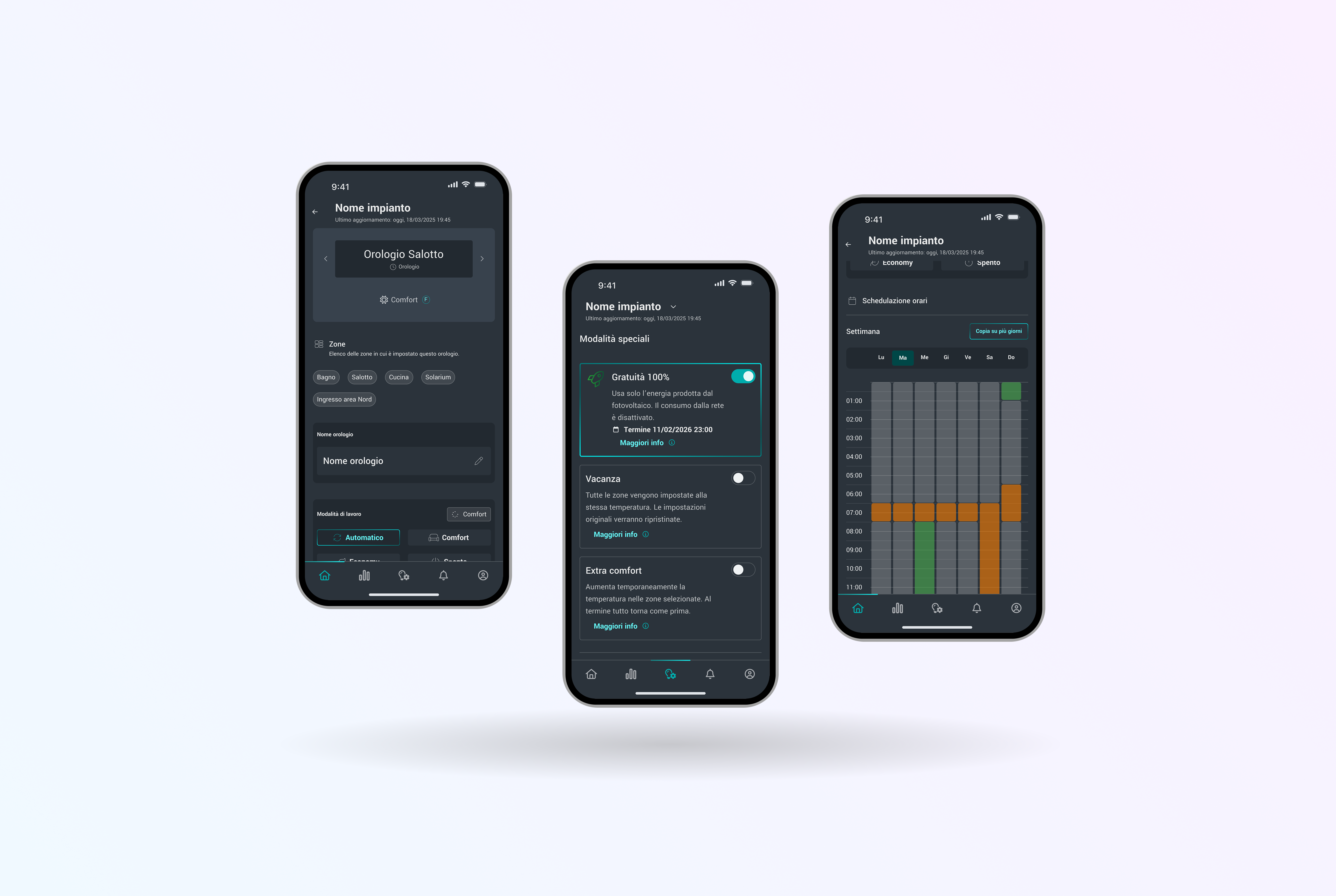 Schermate per la configurazione di orologi, modalità speciali e programmazione settimanale del riscaldamento e delle funzioni dell'impianto.