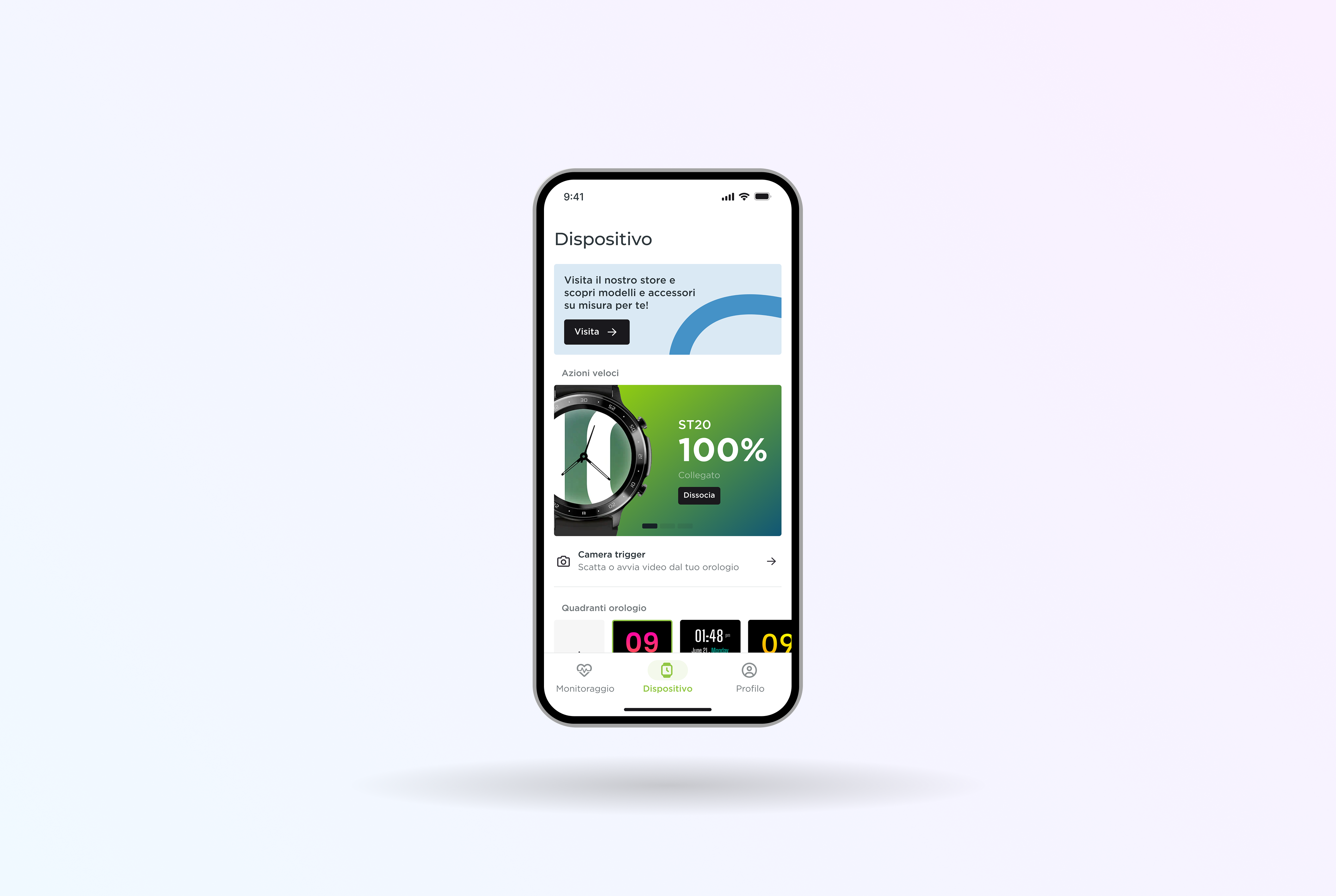 Schermata di gestione dello smartwatch con stato della connessione, azioni rapide, accessori e catalogo dei quadranti personalizzabili.