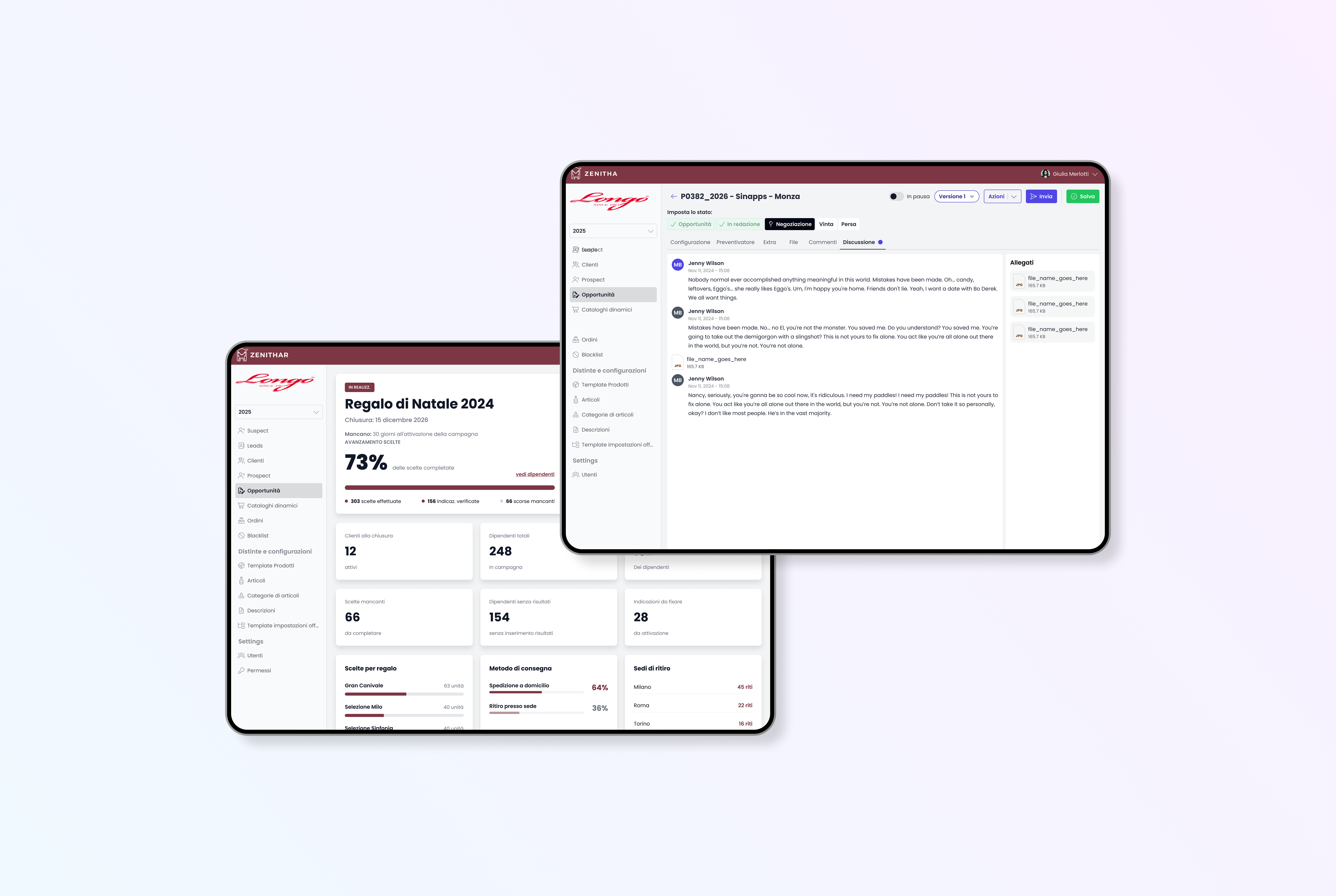 Composizione di mockup della dashboard di monitoraggio della campagna e dell'area collaborativa con commenti e allegati.