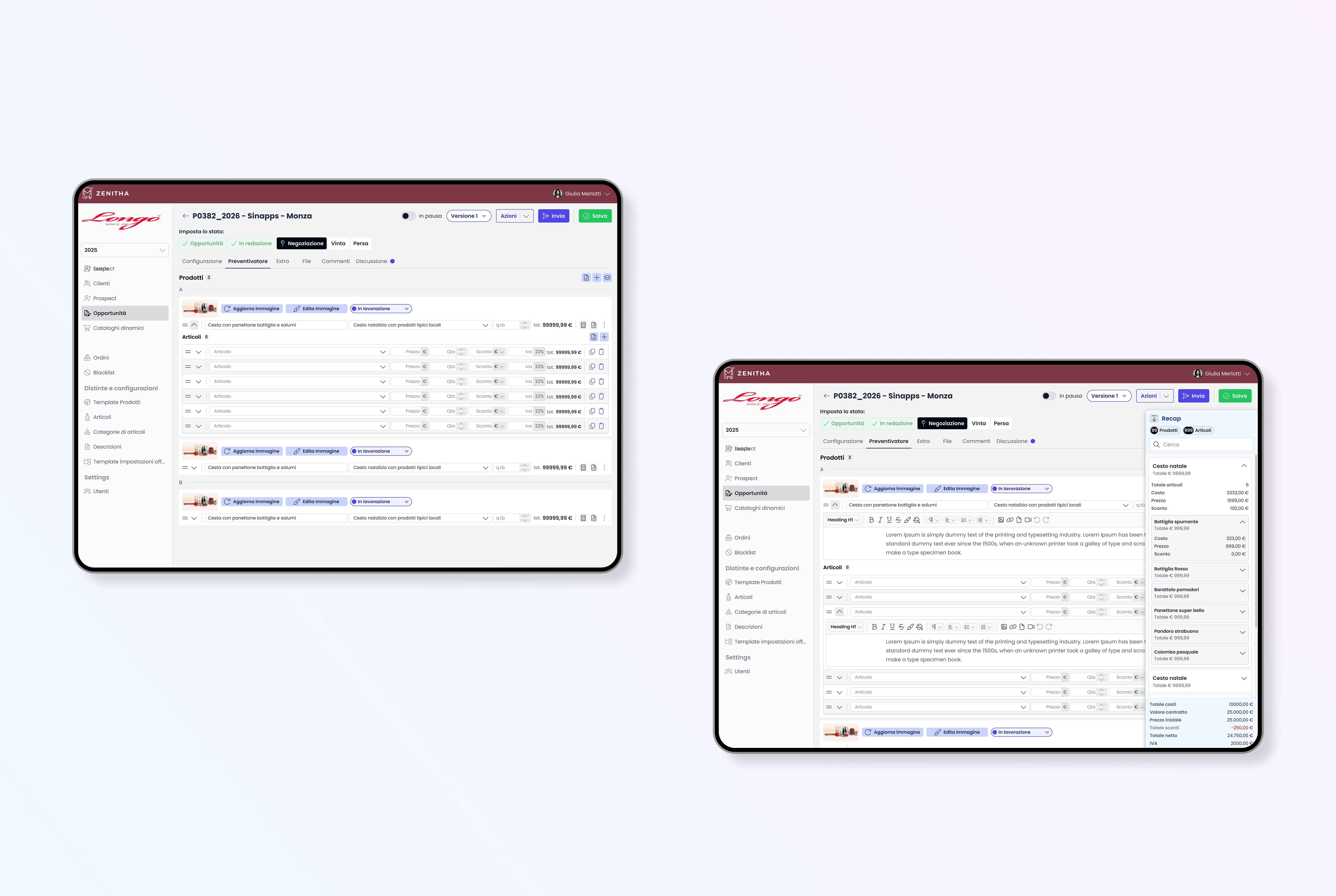 Confronto tra due mockup del preventivatore, con vista standard e pannello laterale di riepilogo economico della configurazione.