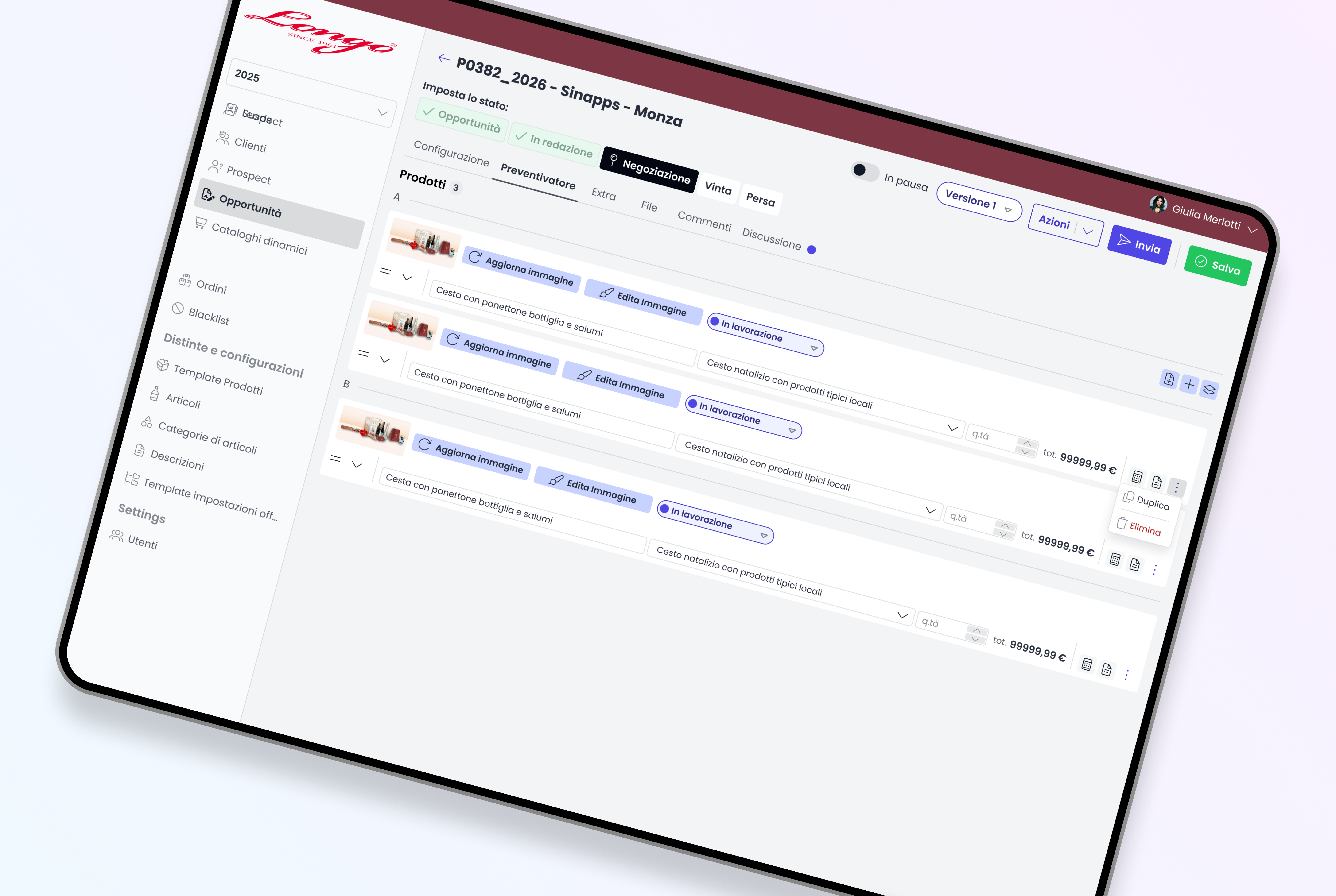 Mockup del preventivatore per la configurazione di offerte commerciali, con composizione dei prodotti, gestione delle varianti e aggiornamento del preventivo.