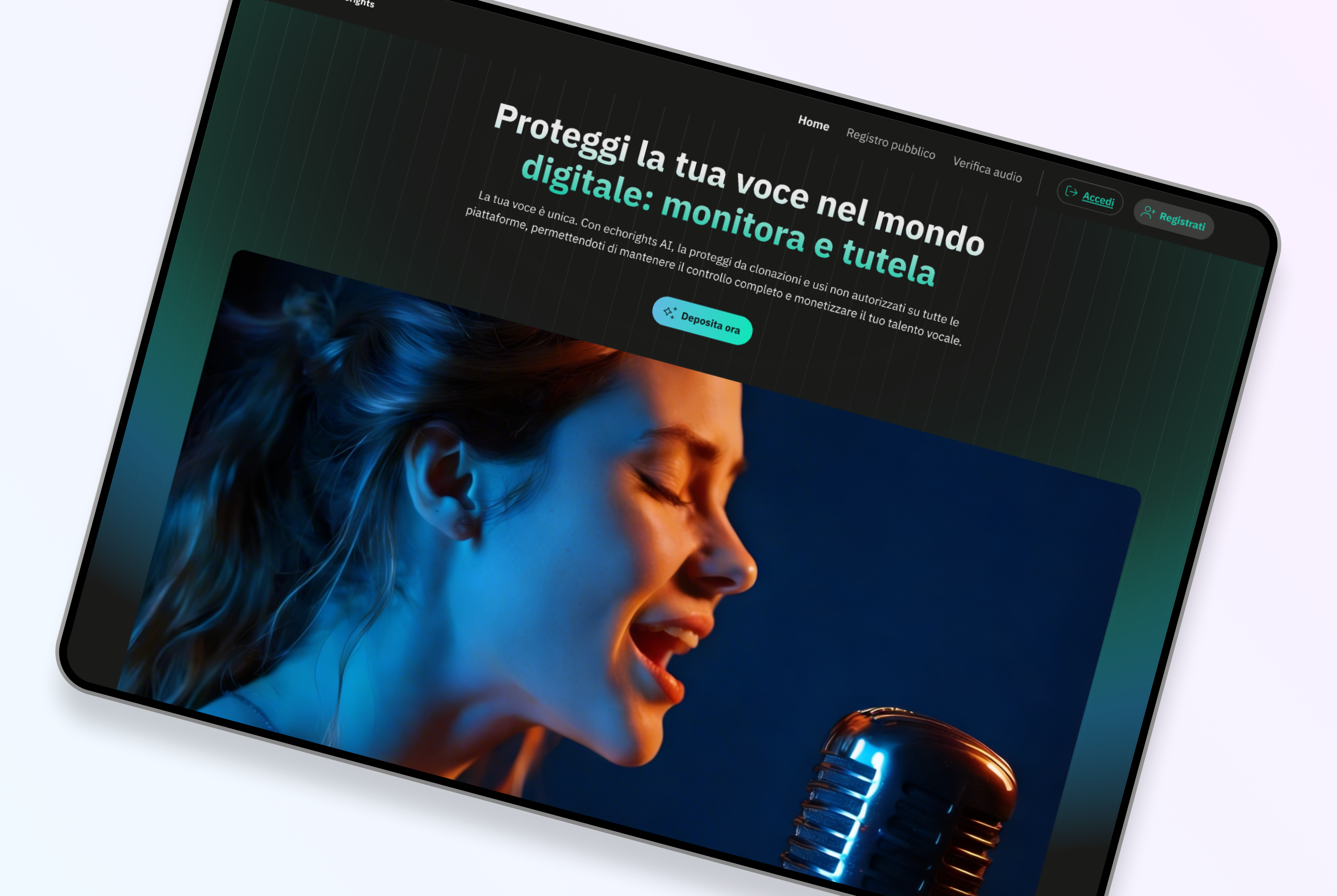 Homepage di Echorights per la certificazione, il monitoraggio e la tutela delle opere vocali tramite tecnologia blockchain.